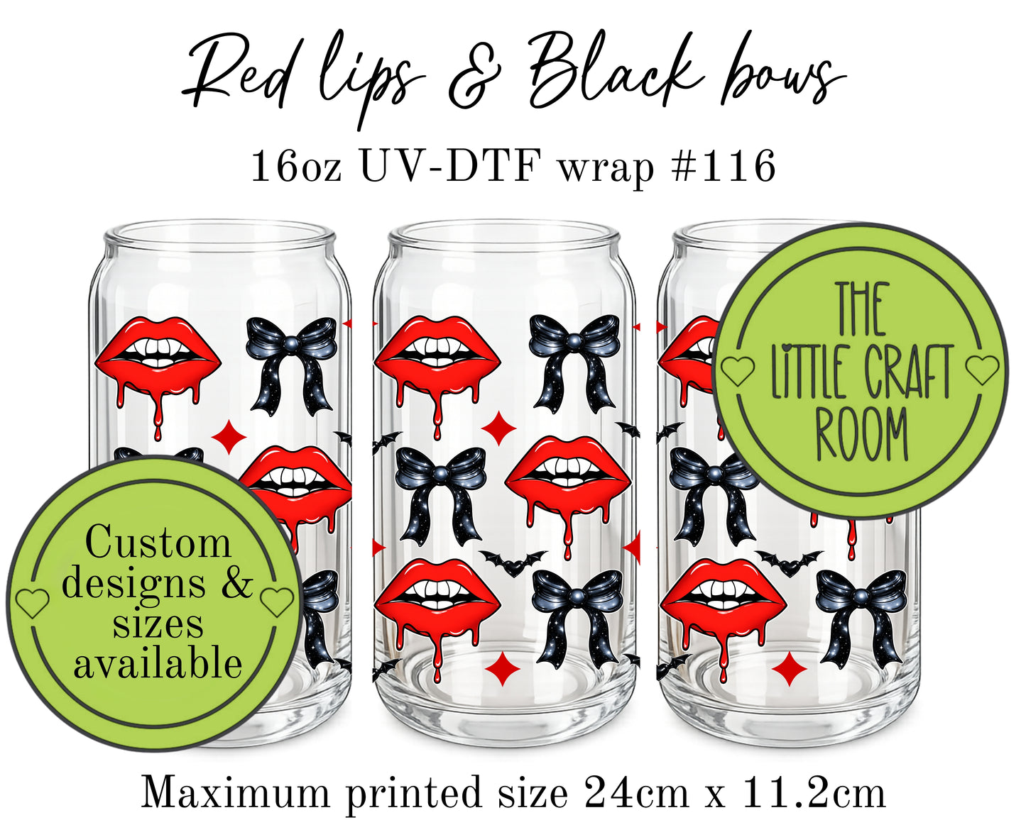 Red lips & black bows 16oz UV-DTF wrap #116