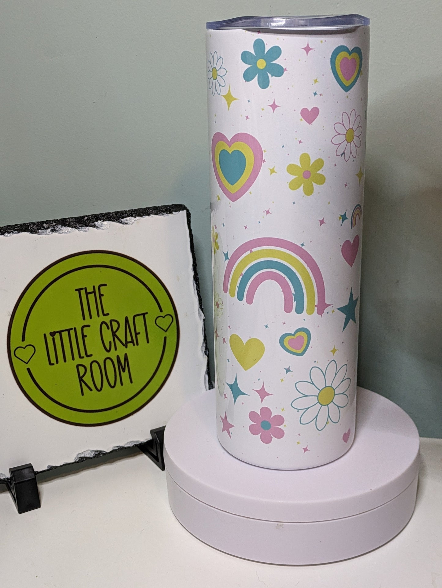 Pastel cute retro rainbow and flowers personalised skinny tumbler gift for her