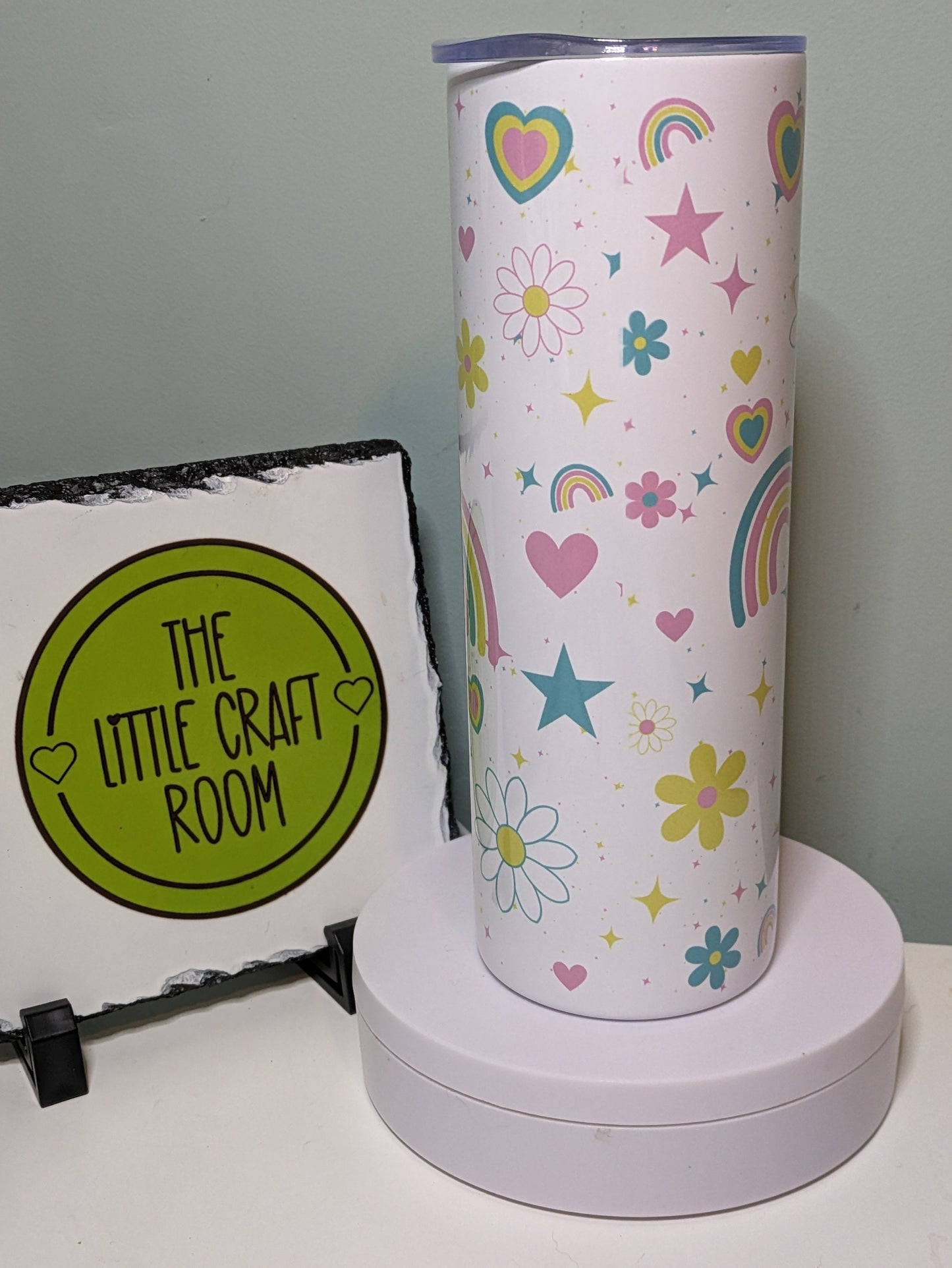 Pastel cute retro rainbow and flowers personalised skinny tumbler gift for her