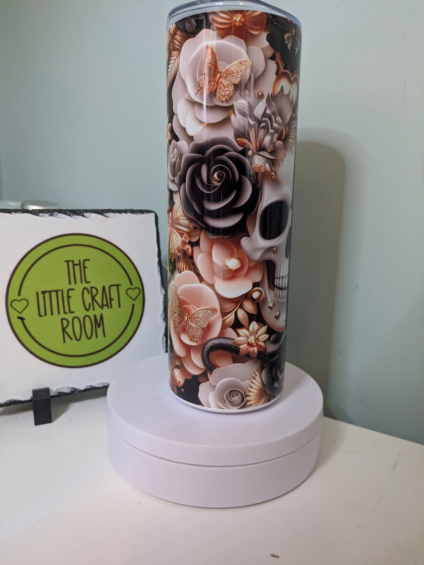 Gothic roses tumbler. Gothic skull gift. Black and gold. Coffee tumbler.