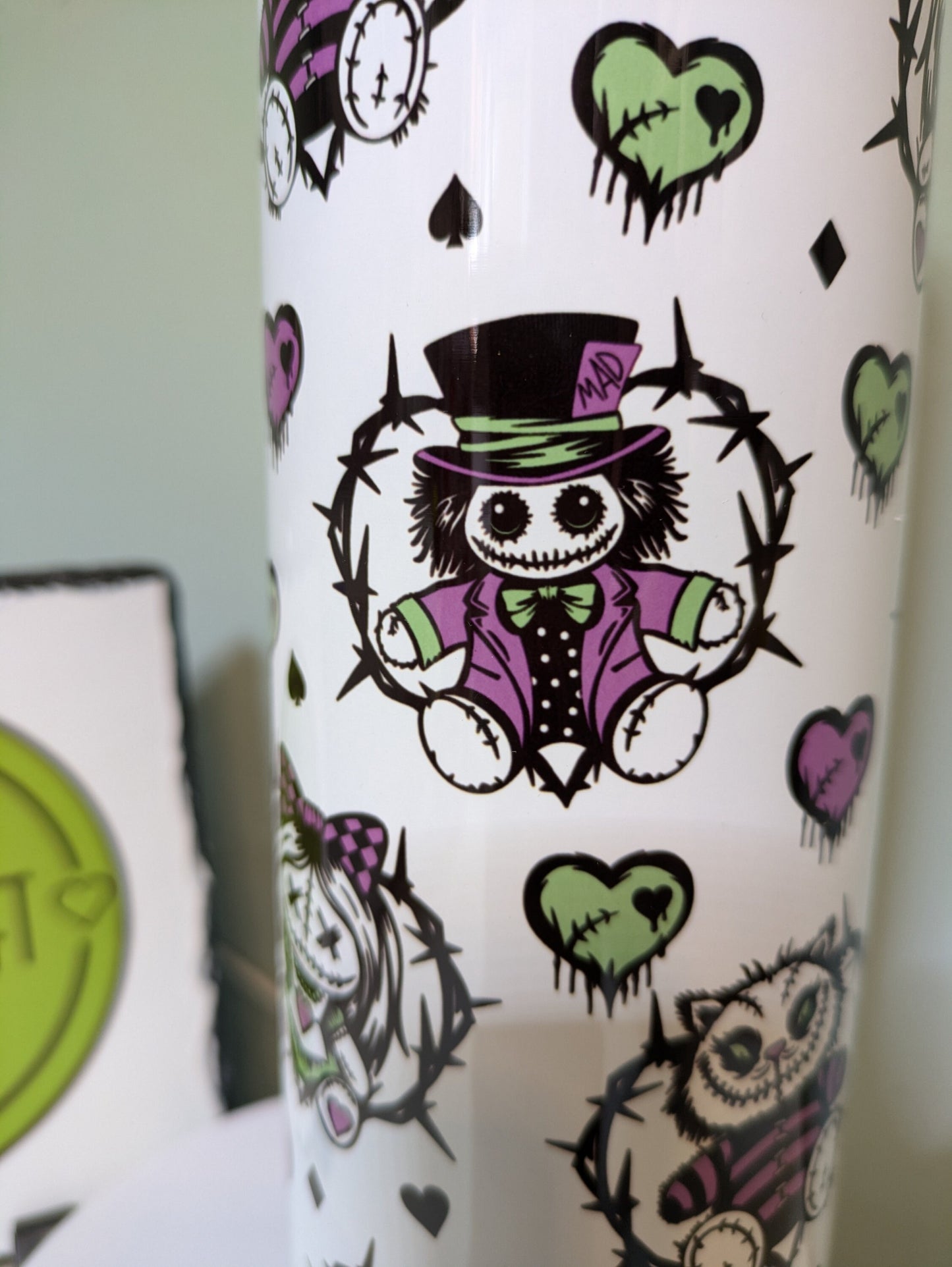 Horror tumbler. Alice in wonderland. Gothic gift. stitches. Patchwork. Coffee cup. Secret santa. tumbler gift