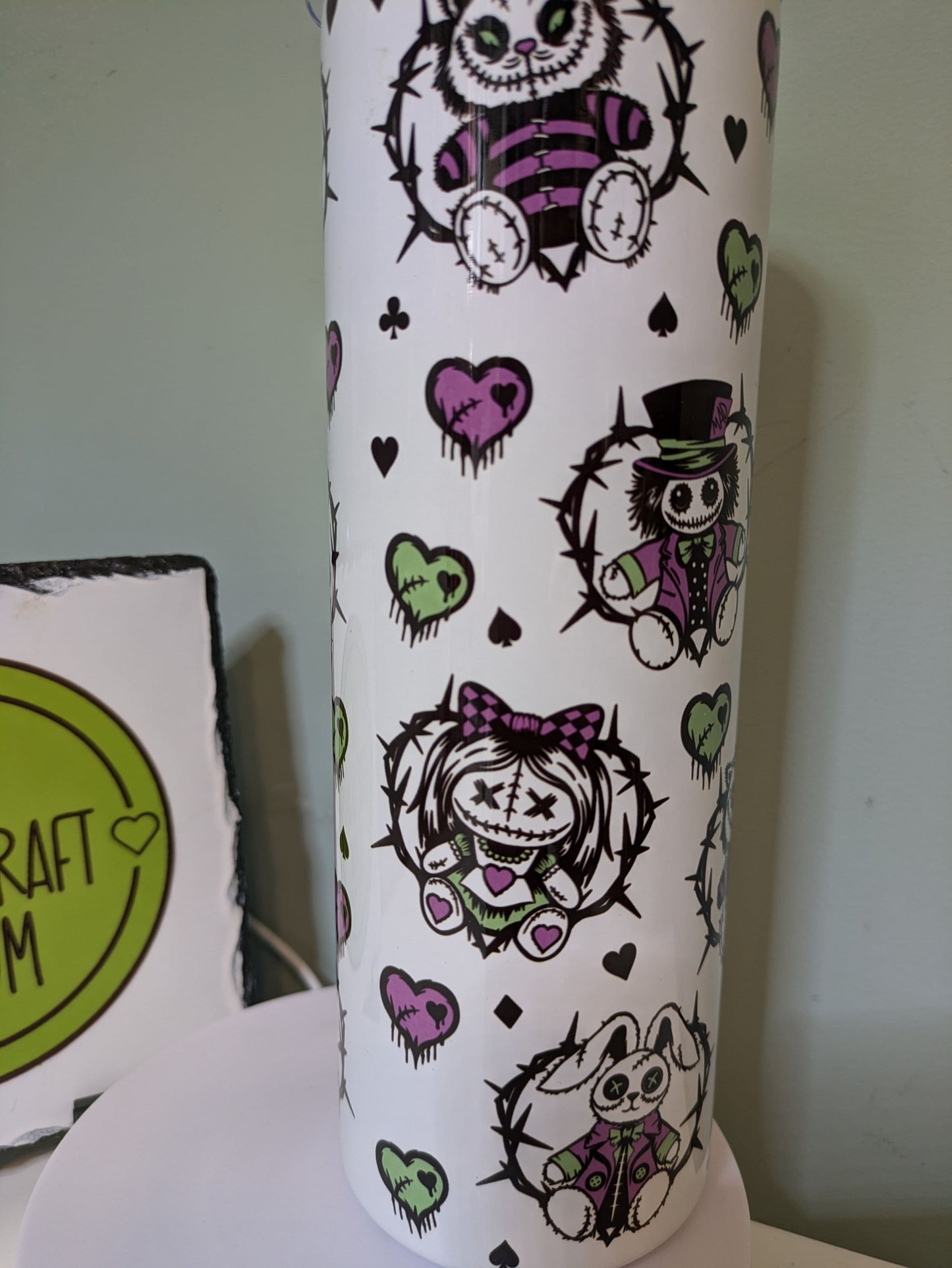 Horror tumbler. Alice in wonderland. Gothic gift. stitches. Patchwork. Coffee cup. Secret santa. tumbler gift
