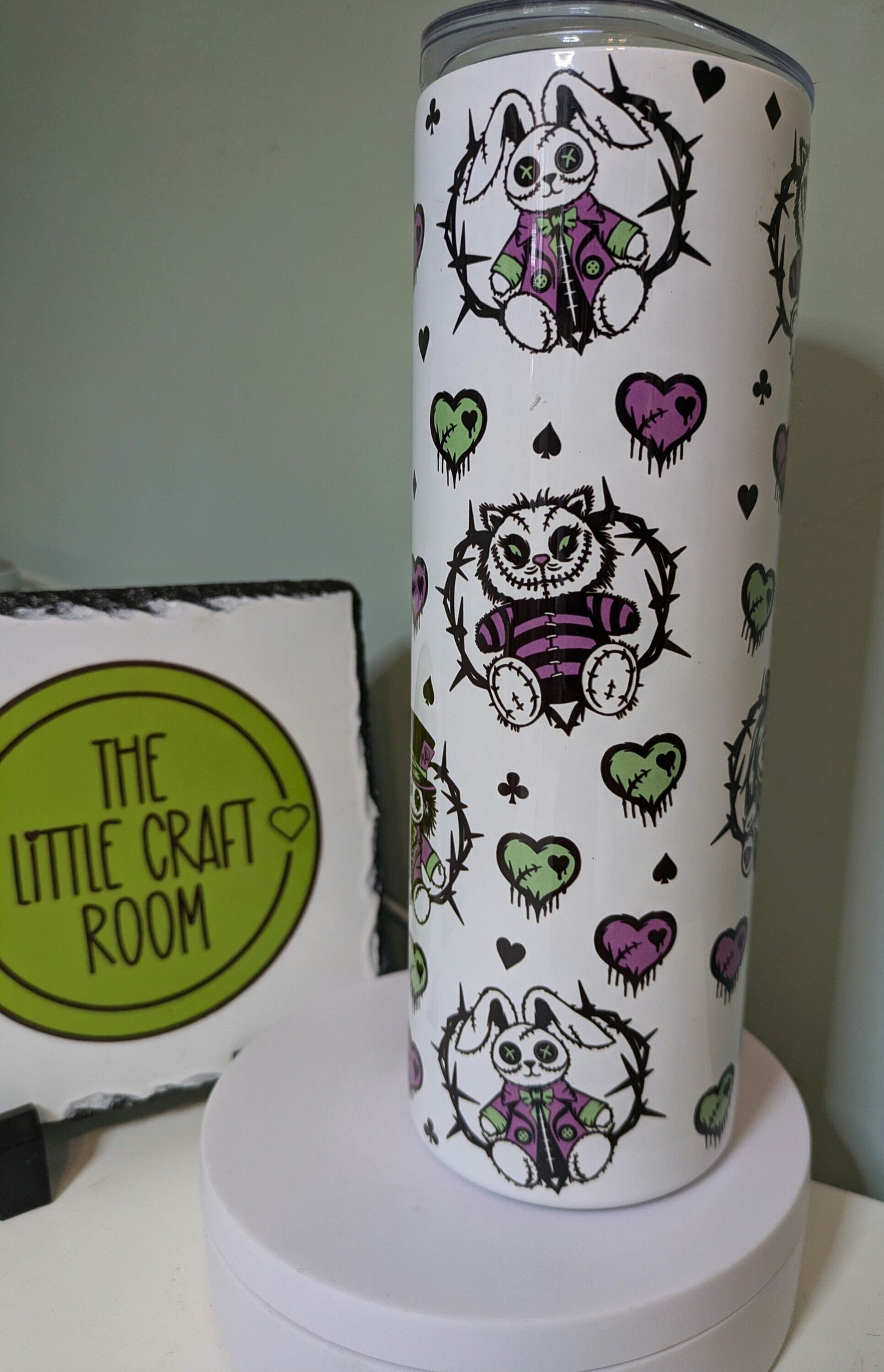 Horror tumbler. Alice in wonderland. Gothic gift. stitches. Patchwork. Coffee cup. Secret santa. tumbler gift