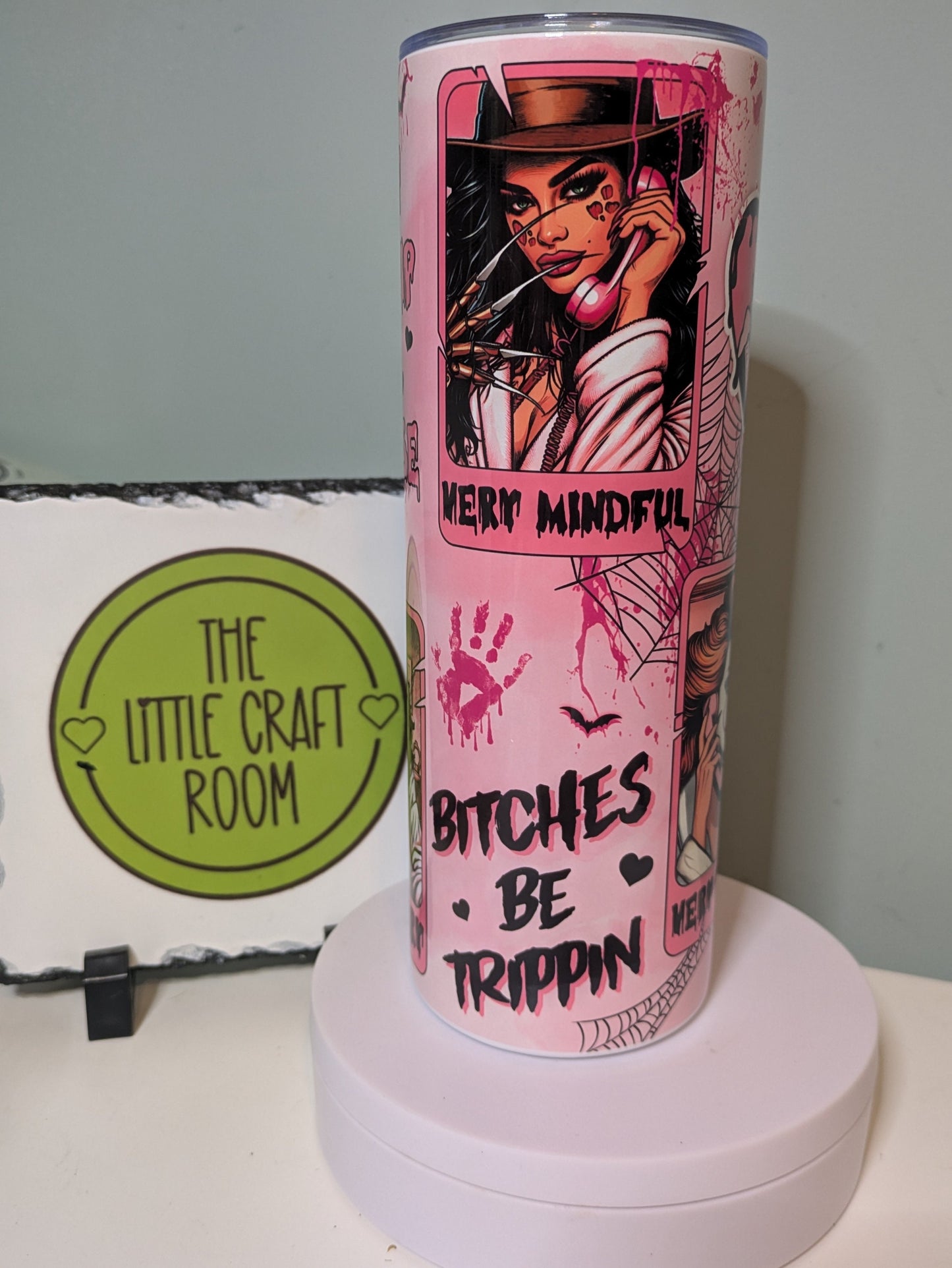 Pink horror fan. Horror gift. Very demure. Very mindful. Secret santa. Serial killer merch. Skinny tumbler. Coffee cup.