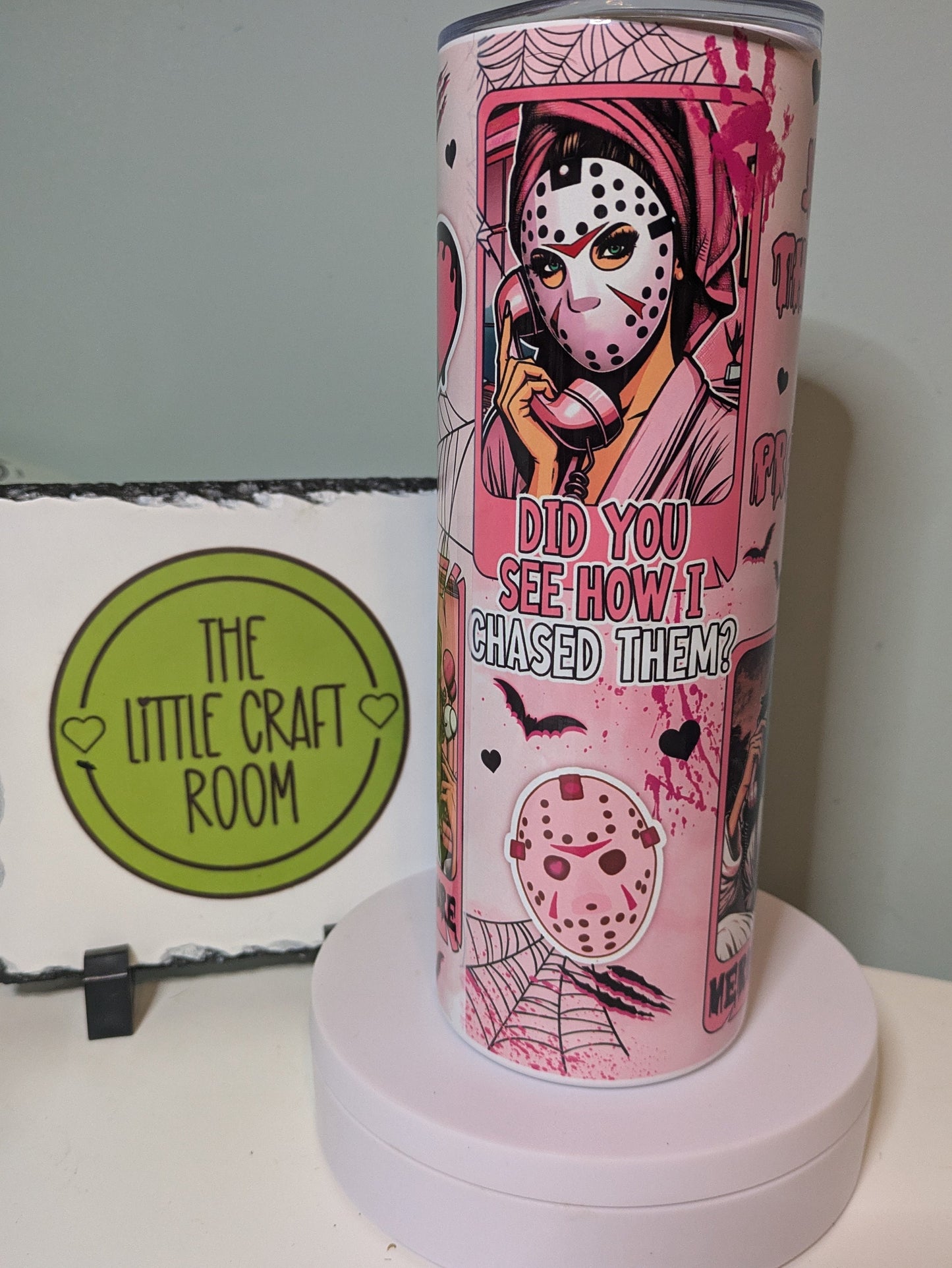 Pink horror fan. Horror gift. Very demure. Very mindful. Secret santa. Serial killer merch. Skinny tumbler. Coffee cup.