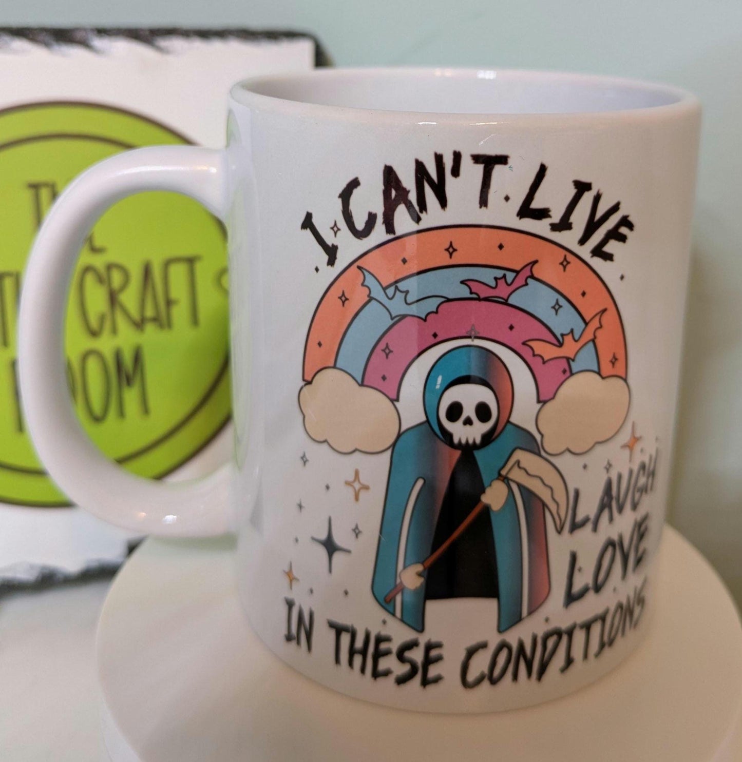 Live laugh love. Grim reaper. Goth. Office worker. Mental health. Anxiety. Neurodivergent. Pink pony. Funny meme mug. Best friend gift.