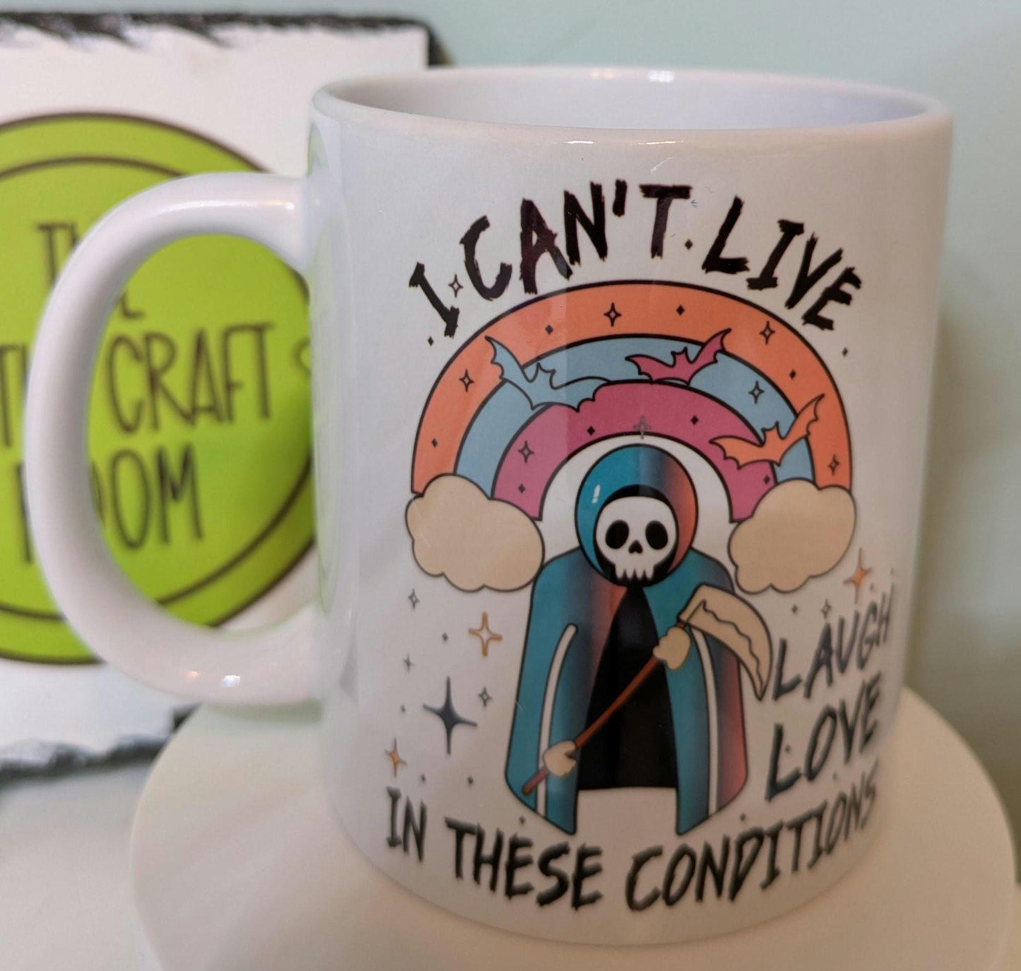 Live laugh love. Grim reaper. Goth. Office worker. Mental health. Anxiety. Neurodivergent. Pink pony. Funny meme mug. Best friend gift.