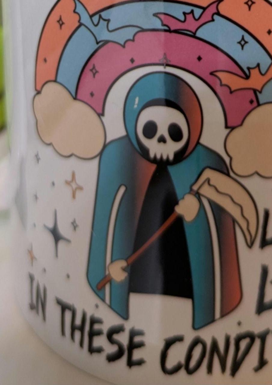 Live laugh love. Grim reaper. Goth. Office worker. Mental health. Anxiety. Neurodivergent. Pink pony. Funny meme mug. Best friend gift.