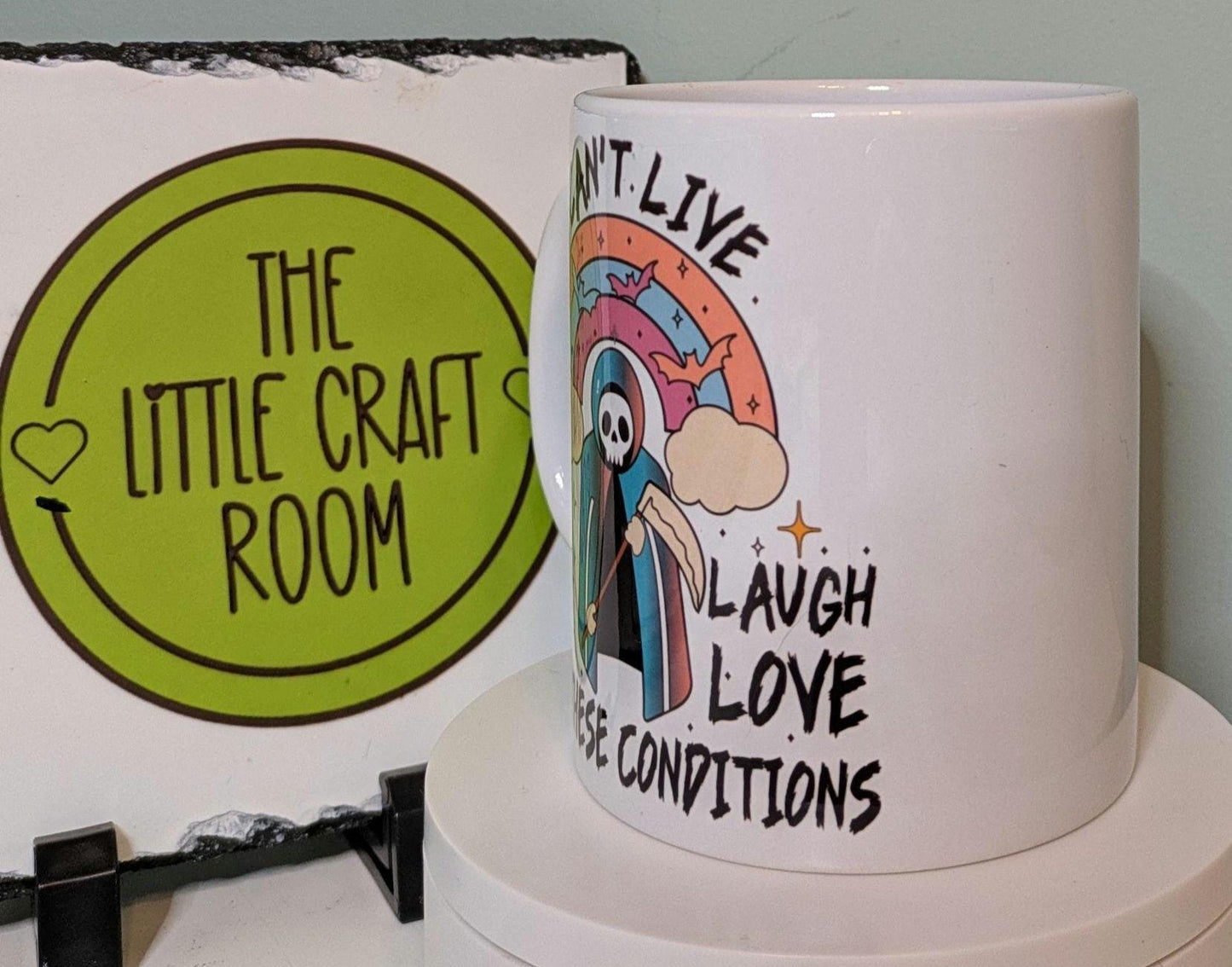 Live laugh love. Grim reaper. Goth. Office worker. Mental health. Anxiety. Neurodivergent. Pink pony. Funny meme mug. Best friend gift.