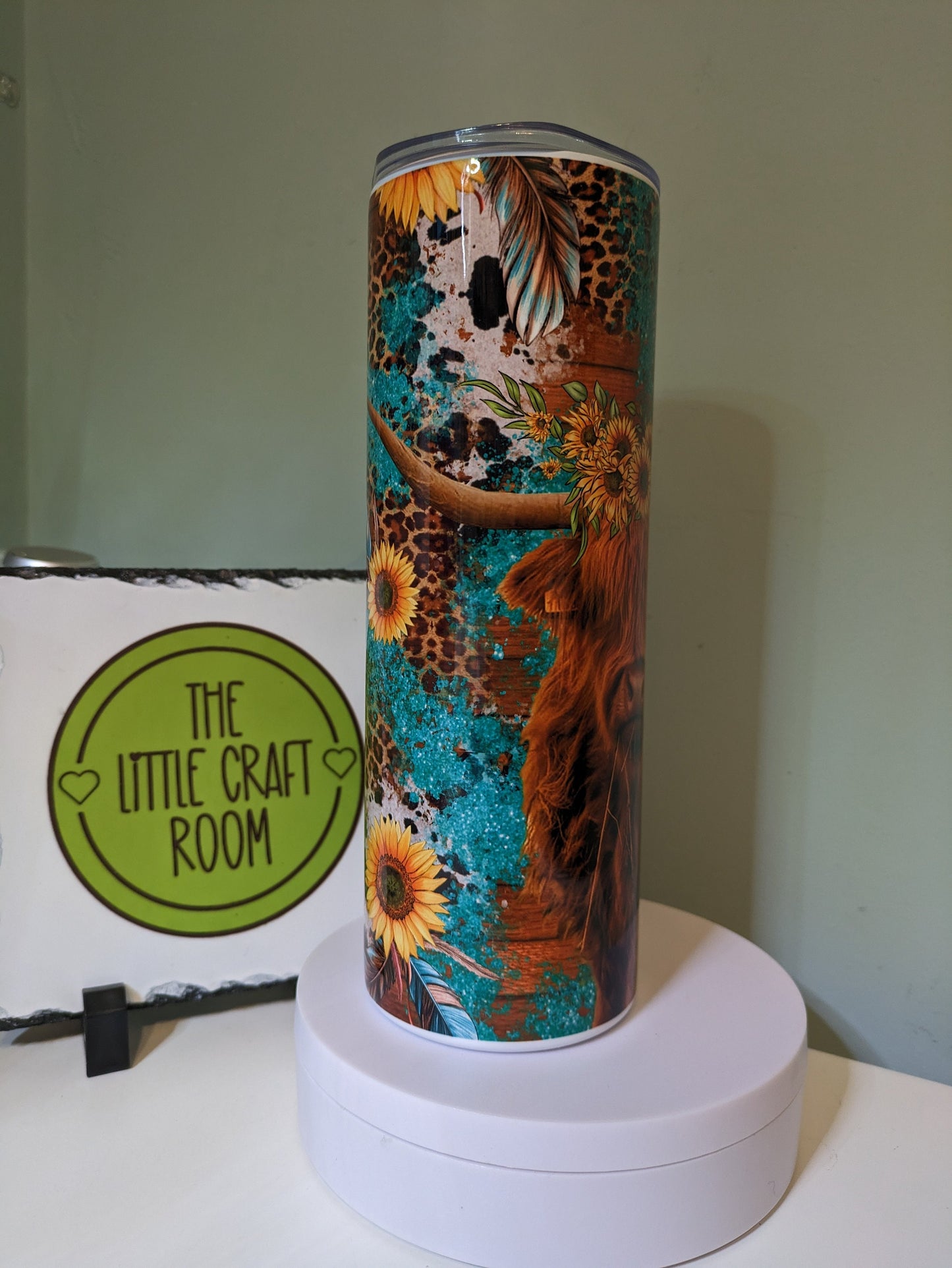 Cute Highland cow green leopard print sunflower skinny tumbler gift