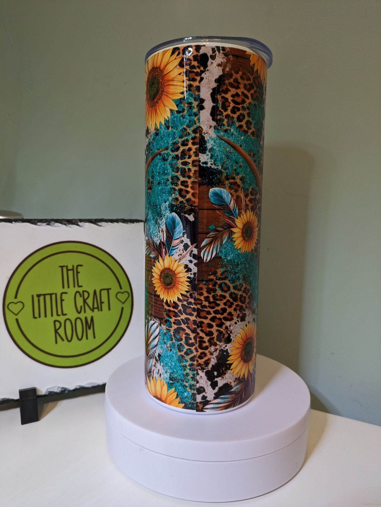 Cute Highland cow green leopard print sunflower skinny tumbler gift