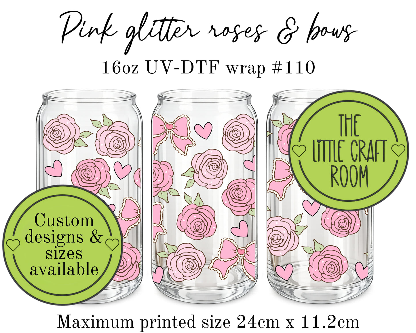 Pink glitter roses & bows 16oz UV-DTF wrap #110