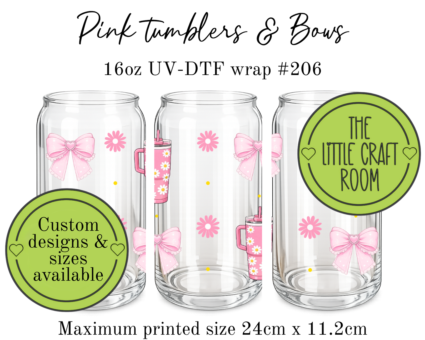Pink Tumblers & Bows 16oz UV-DTF wrap #206