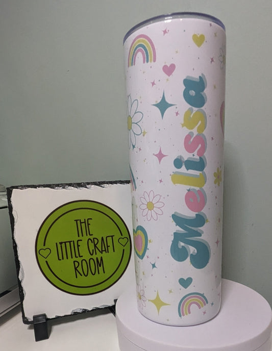 Pastel cute retro rainbow and flowers personalised skinny tumbler gift for her