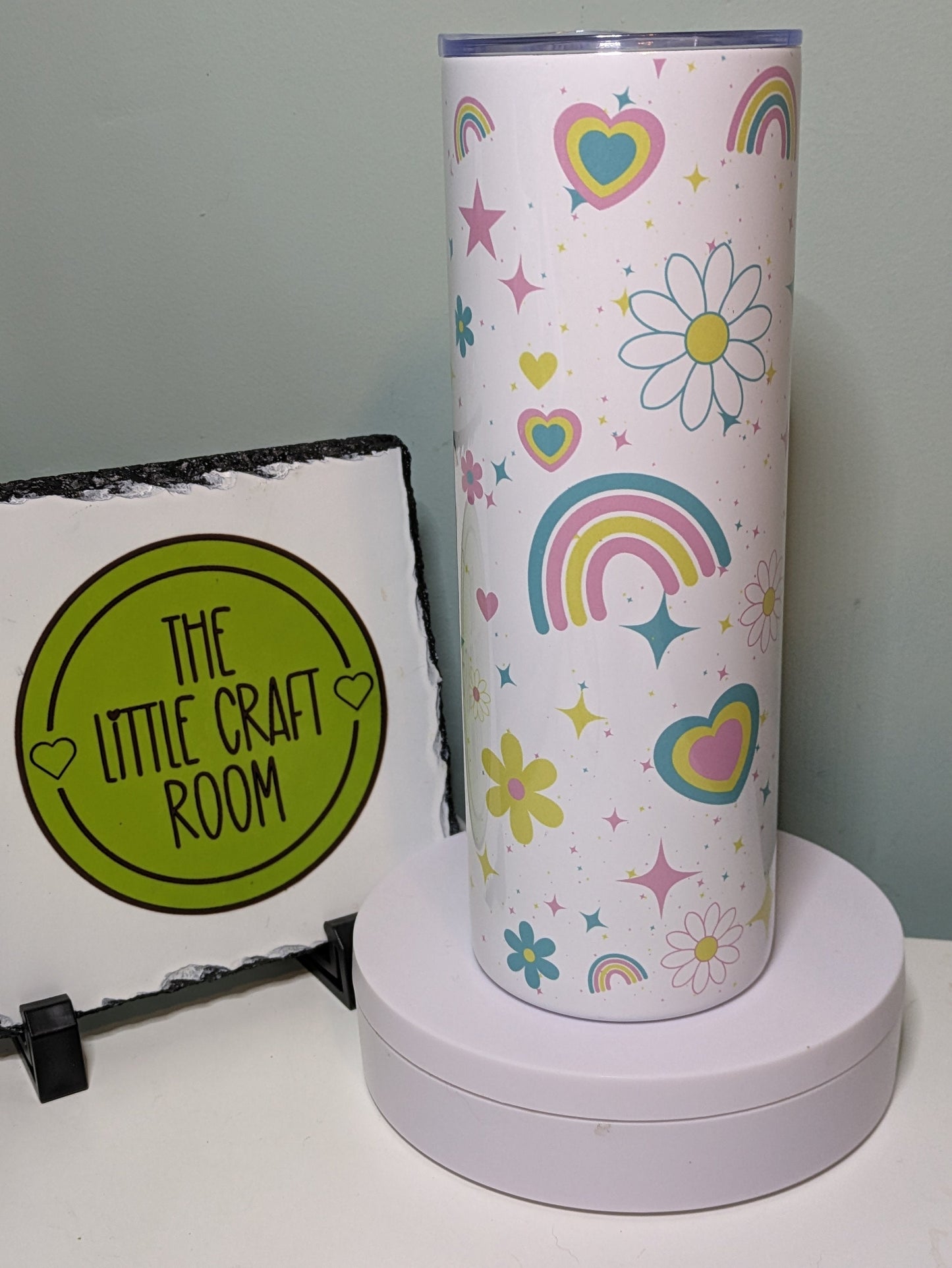 Pastel cute retro rainbow and flowers personalised skinny tumbler gift for her