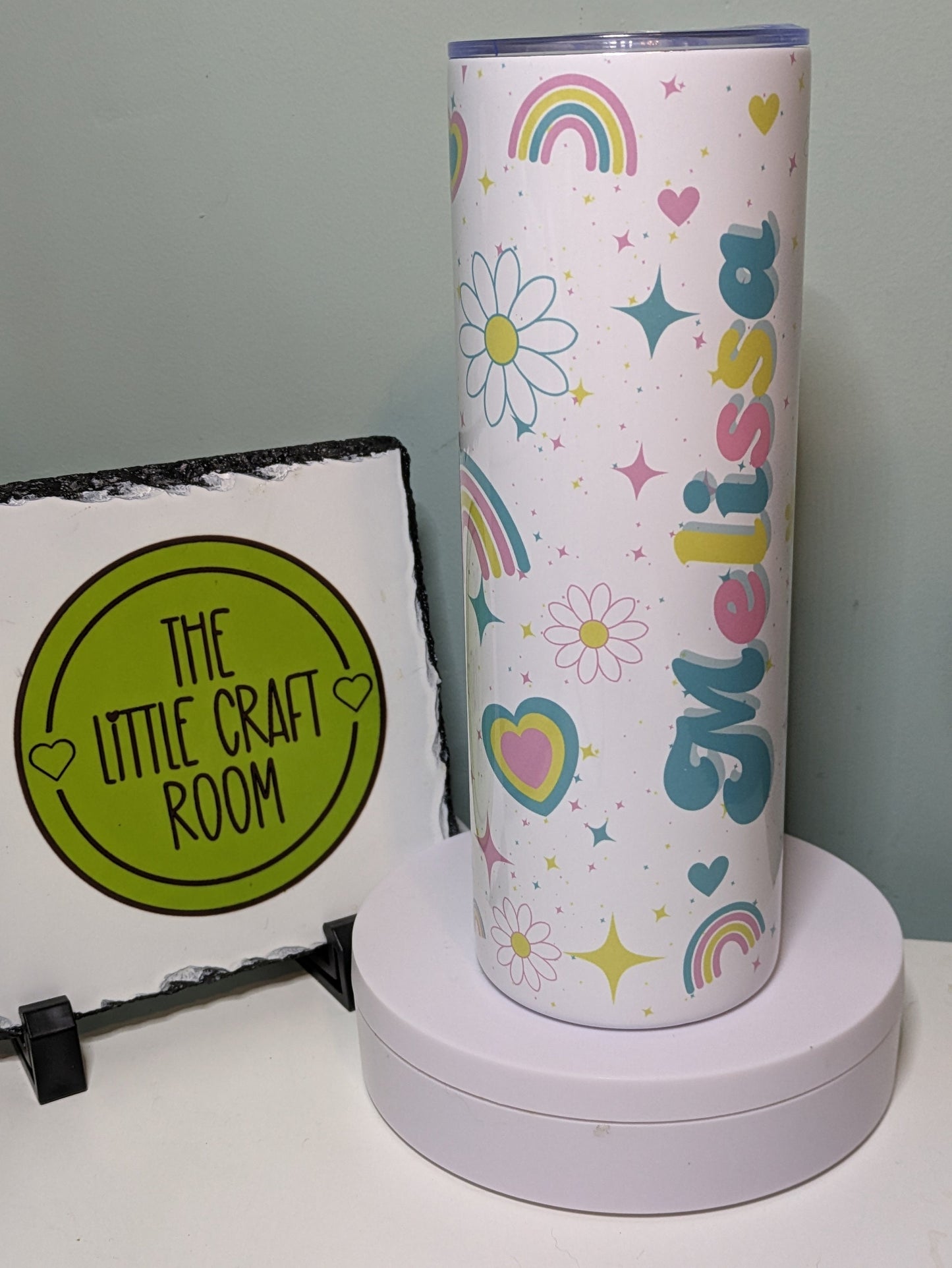 Pastel cute retro rainbow and flowers personalised skinny tumbler gift for her