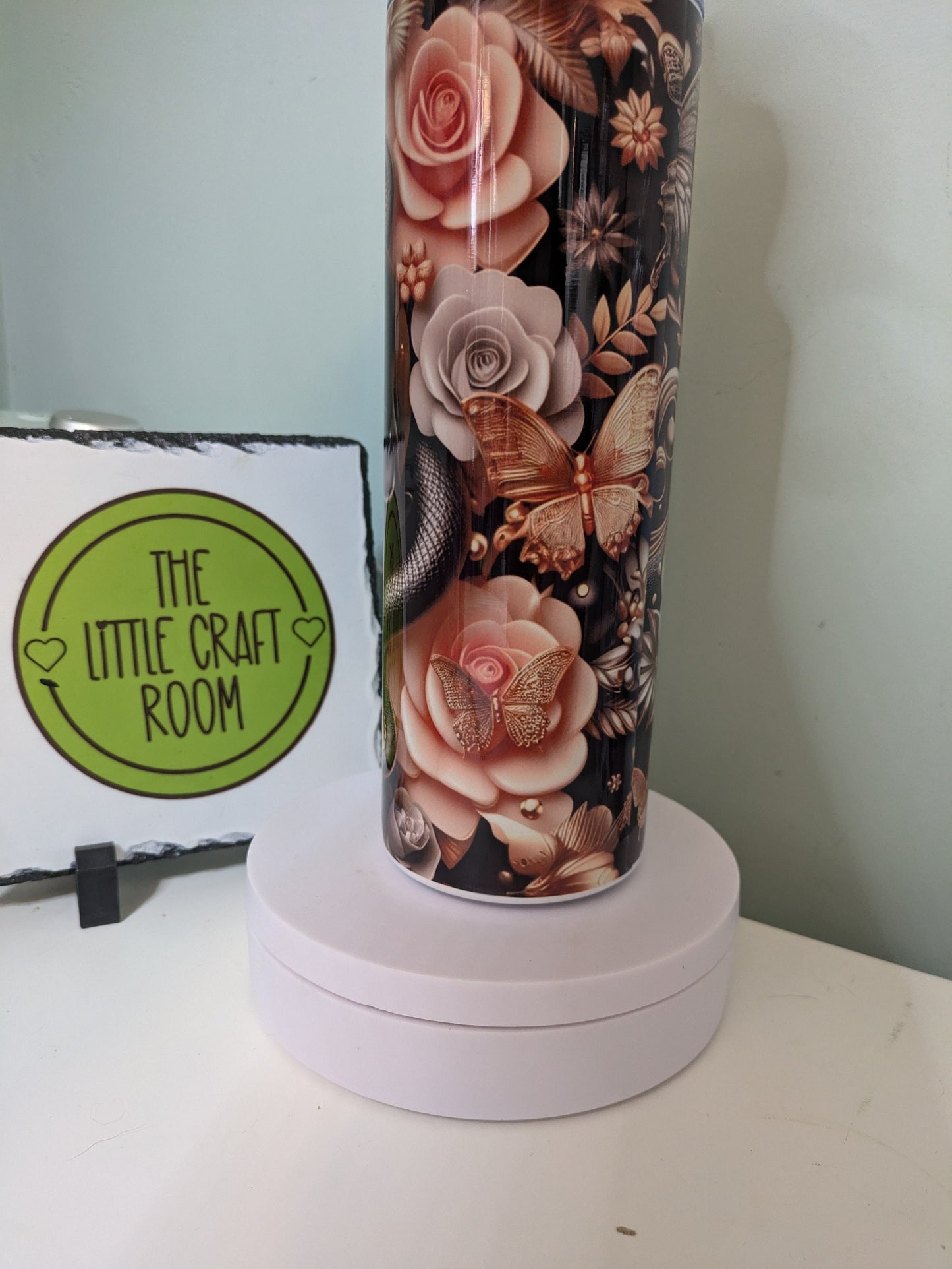Gothic roses tumbler.  Gothic skull gift. Black and gold. Coffee tumbler.