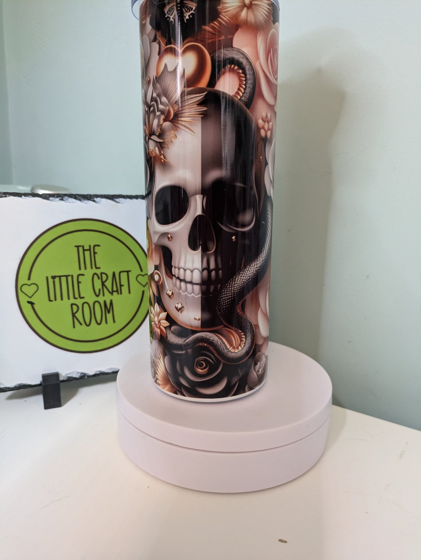 Gothic roses tumbler.  Gothic skull gift. Black and gold. Coffee tumbler.
