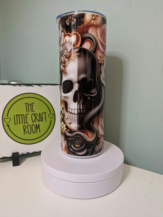 Gothic roses tumbler.  Gothic skull gift. Black and gold. Coffee tumbler.
