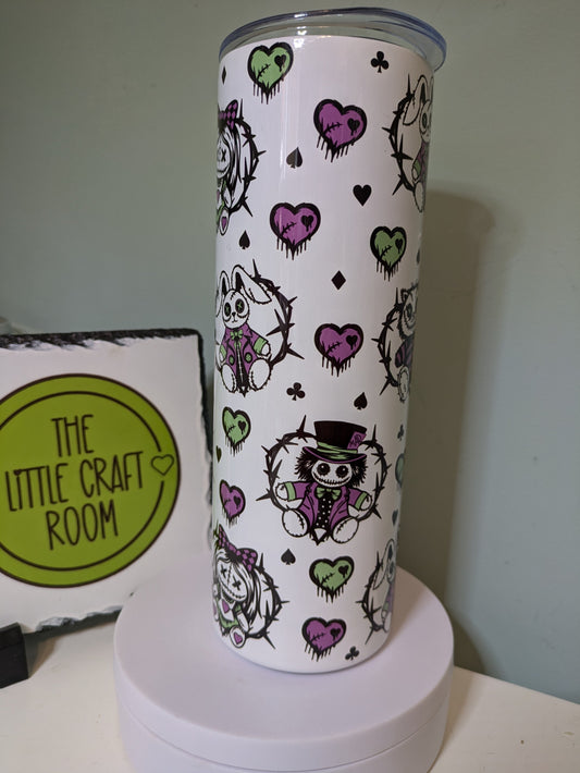 Horror tumbler. Alice in wonderland. Gothic gift. stitches. Patchwork. Coffee cup. Secret santa. tumbler gift