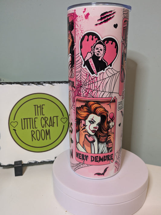 Pink horror fan. Horror gift. Very demure. Very mindful. Secret santa. Serial killer merch. Skinny tumbler. Coffee cup.