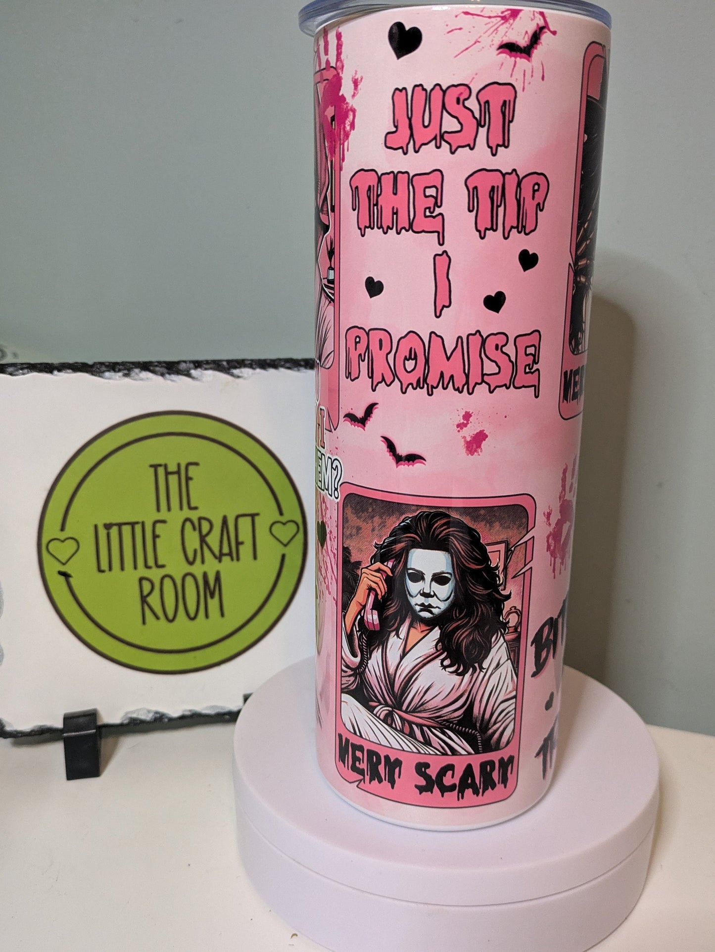 Pink horror fan. Horror gift. Very demure. Very mindful. Secret santa. Serial killer merch. Skinny tumbler. Coffee cup.