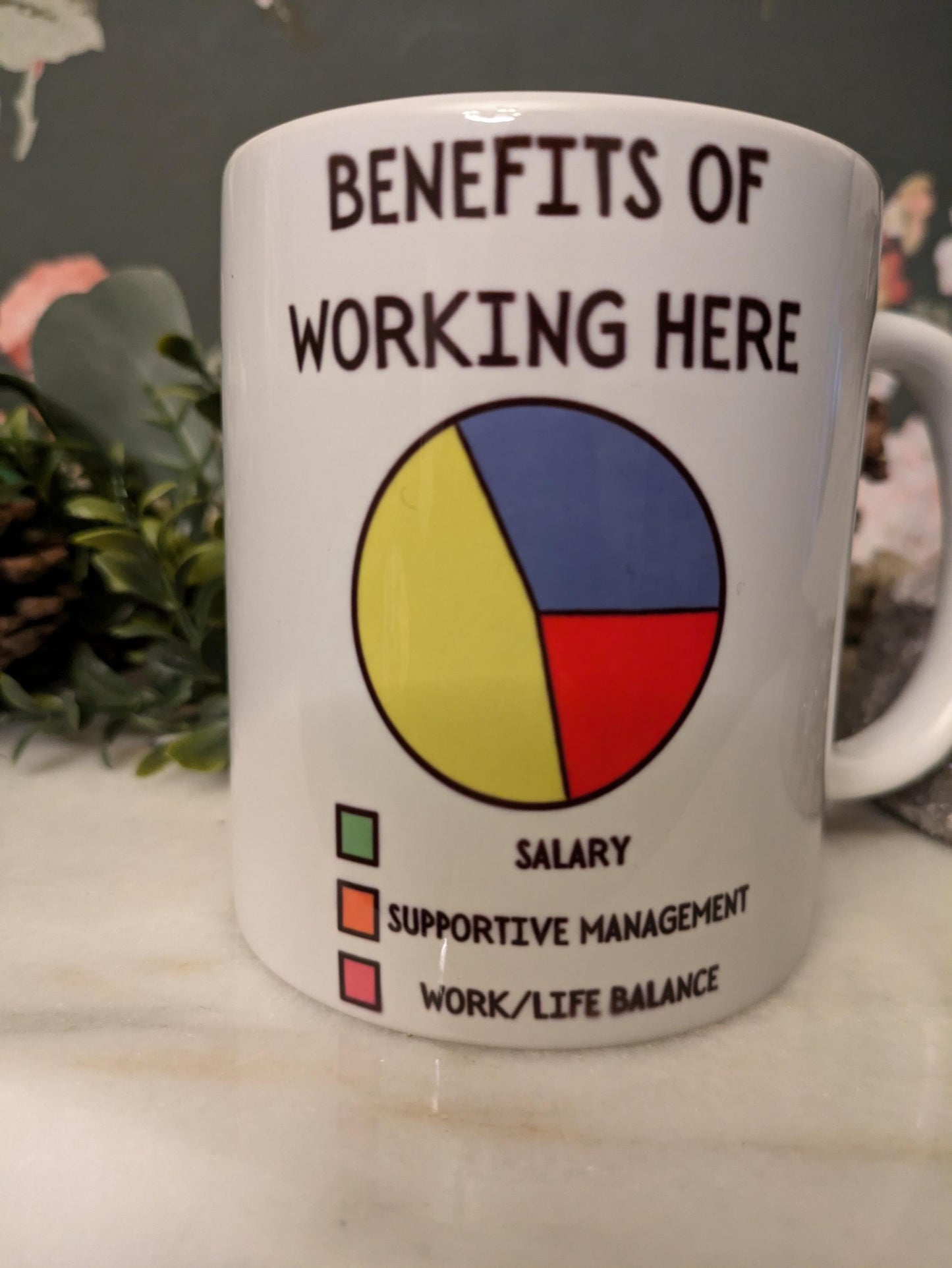 Benefits of working here mug