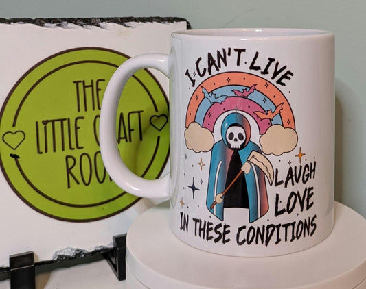 Live laugh love. Grim reaper. Goth. Office worker. Mental health. Anxiety. Neurodivergent.  Pink pony. Funny meme mug. Best friend gift.