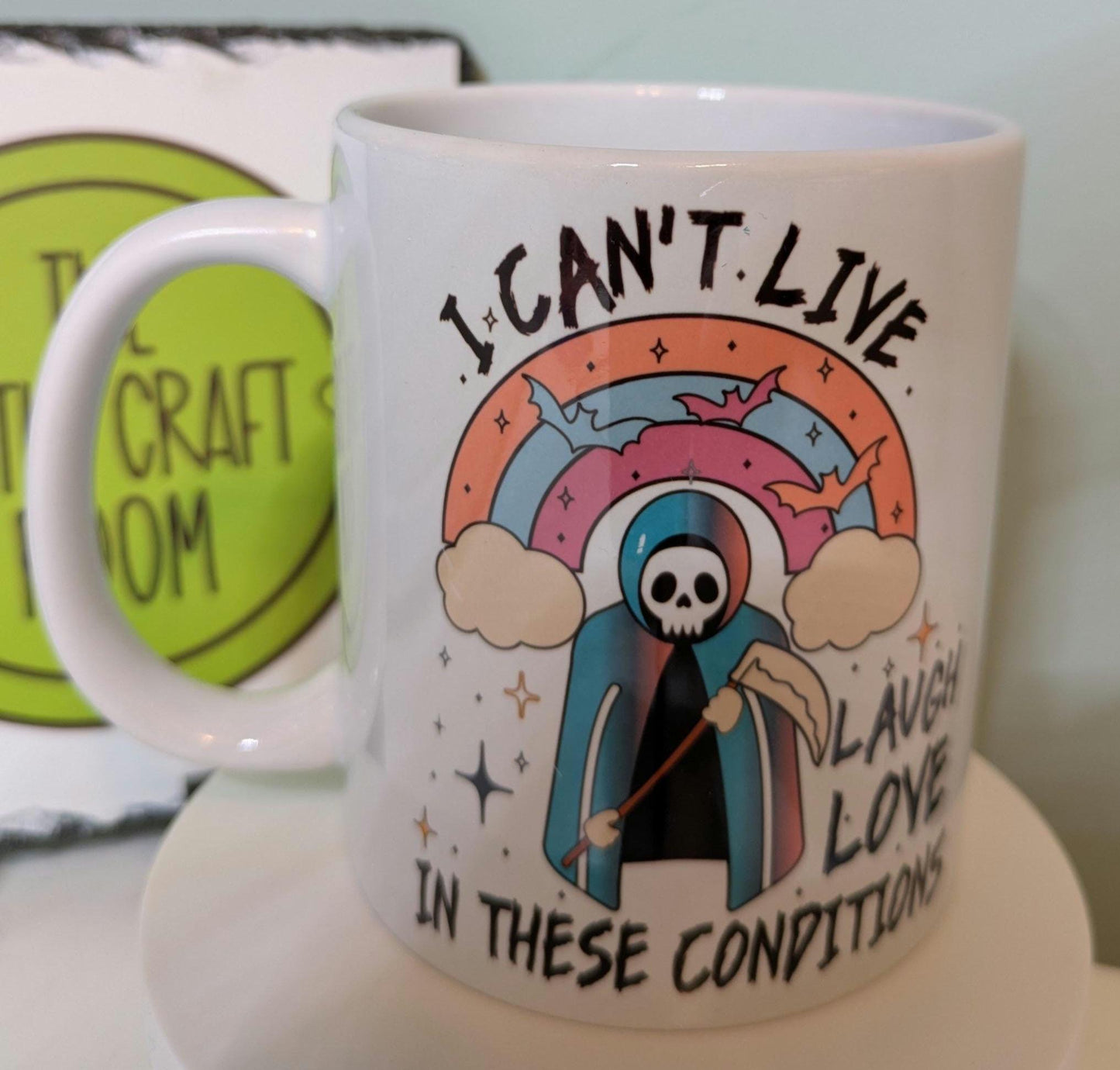 Live laugh love. Grim reaper. Goth. Office worker. Mental health. Anxiety. Neurodivergent.  Pink pony. Funny meme mug. Best friend gift.