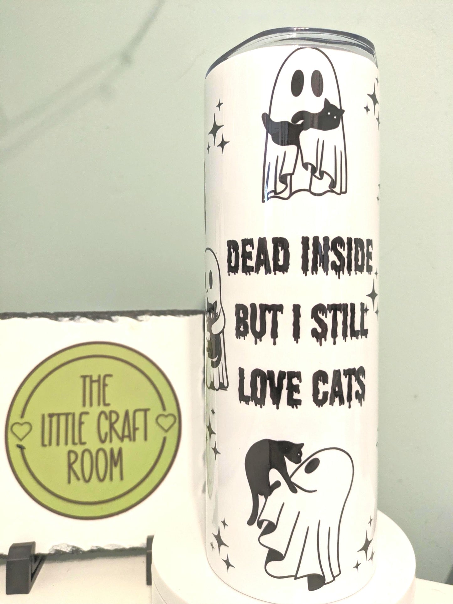 Dead Inside but Love Cats Tumbler – 20oz Funny Gothic Cat Cup, Sarcastic Gift for Cat Lovers, Dark Humour Travel Mug. Coworker gift.