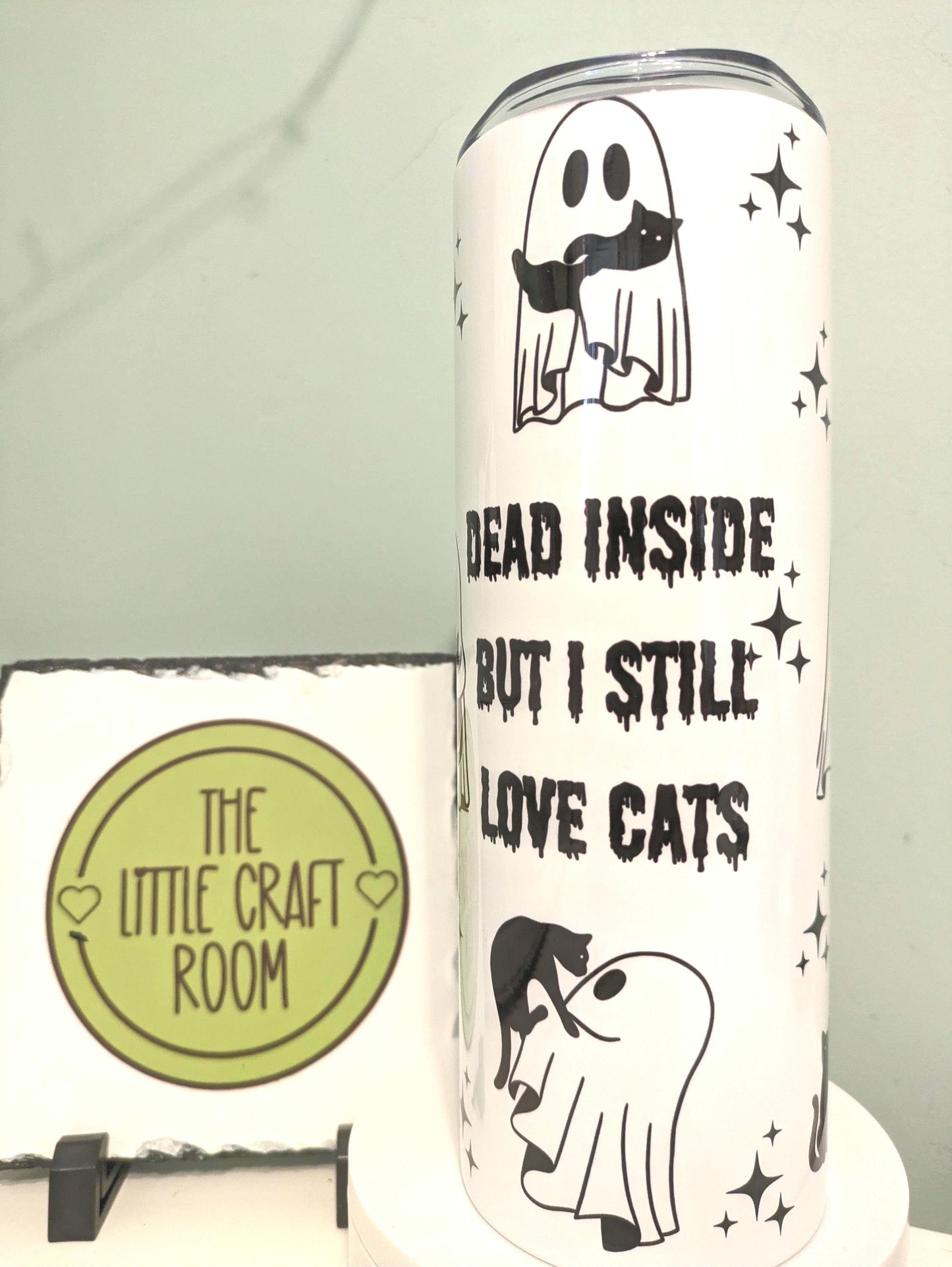 Dead Inside but Love Cats Tumbler – 20oz Funny Gothic Cat Cup, Sarcastic Gift for Cat Lovers, Dark Humour Travel Mug. Coworker gift.