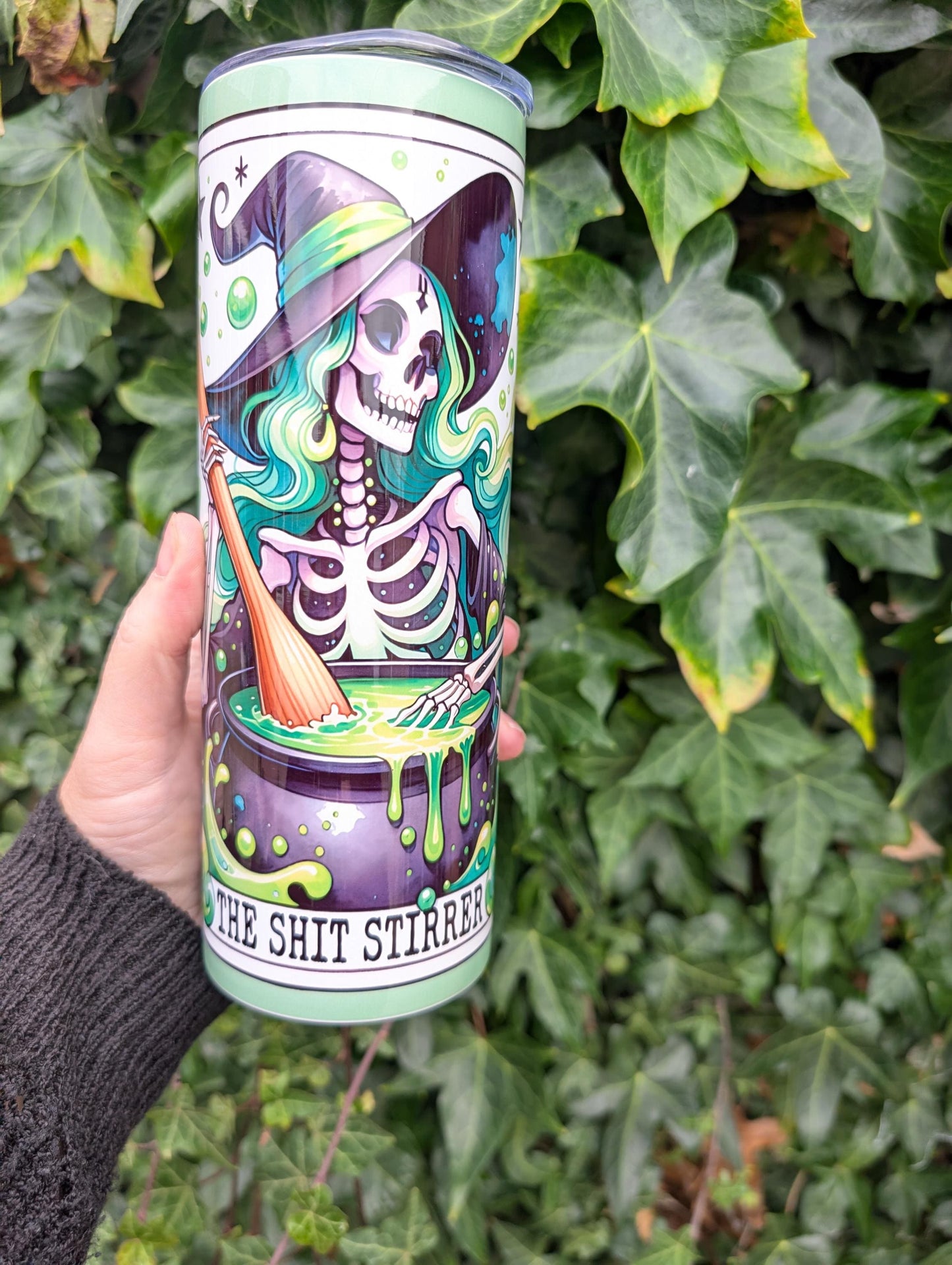 Shit Stirrer Witch Tumbler, Funny Skeleton 20oz Travel Cup