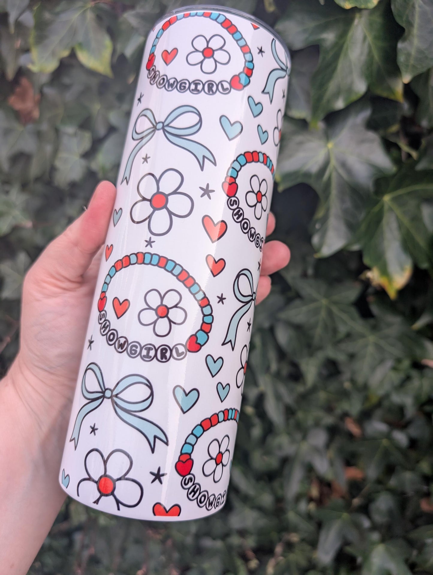 Retro Showgirl Floral Tumbler 20oz, Cute Coquette Bow Cup, Boho Y2K Aesthetic Drinkware, Girly Heart Daisy Cup, Gift for Her