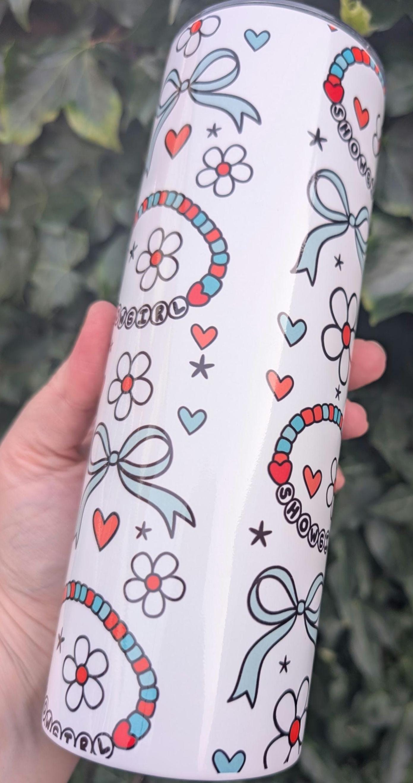 Retro Showgirl Floral Tumbler 20oz, Cute Coquette Bow Cup, Boho Y2K Aesthetic Drinkware, Girly Heart Daisy Cup, Gift for Her