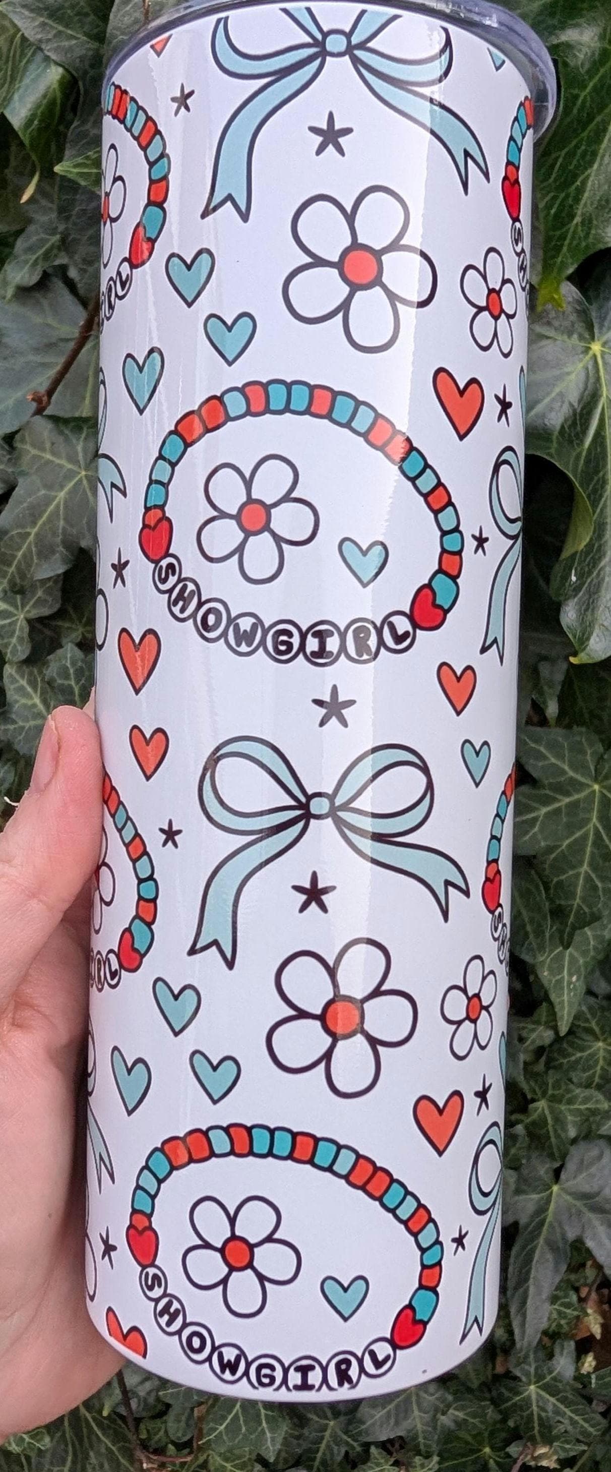 Retro Showgirl Floral Tumbler 20oz, Cute Coquette Bow Cup, Boho Y2K Aesthetic Drinkware, Girly Heart Daisy Cup, Gift for Her