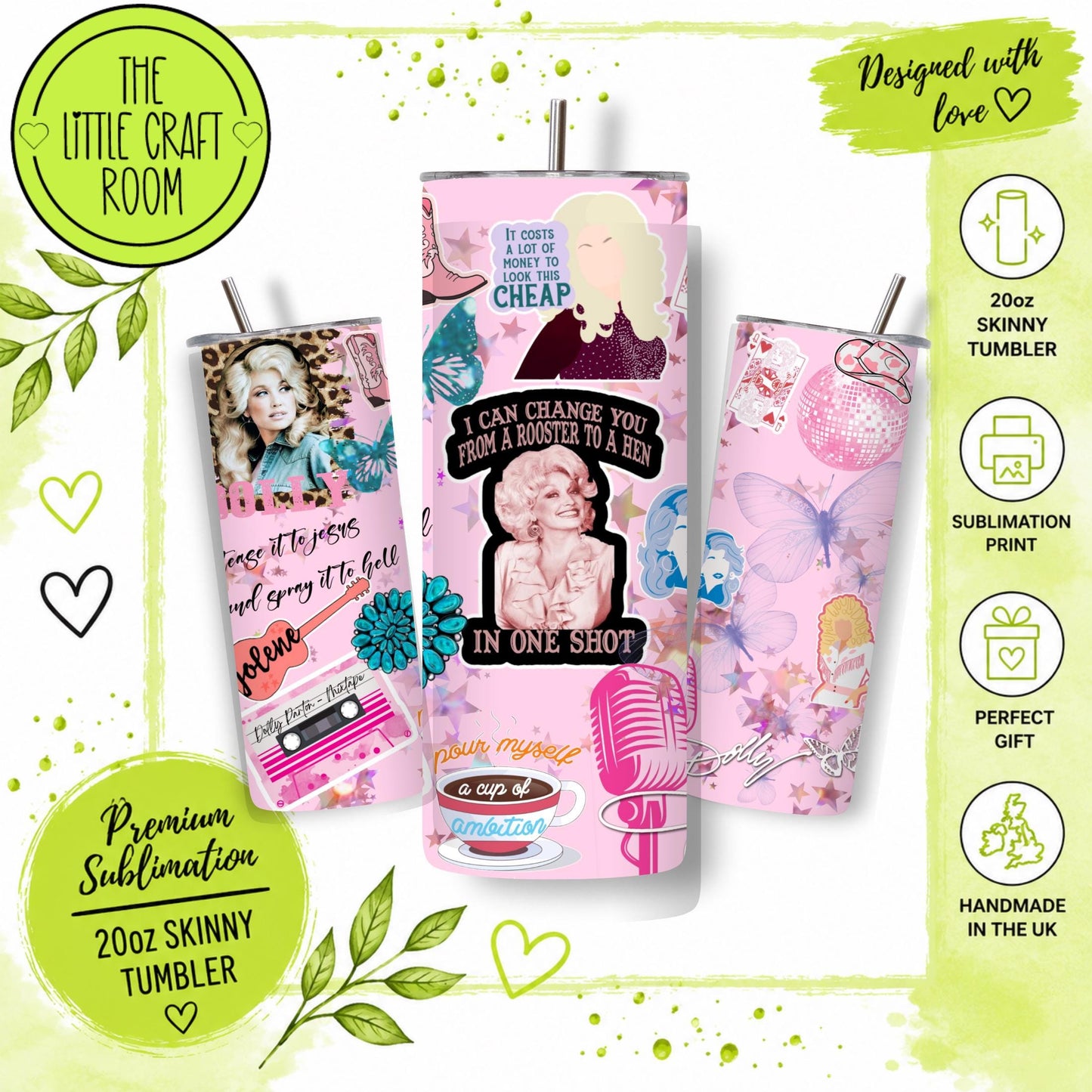 Dolly Parton 20oz Skinny Tumbler, Country Music Fan Gift, Stainless Steel Travel Cup