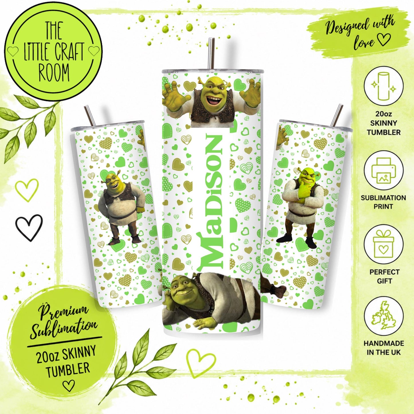 Personalised Green Ogre Tumbler, 20oz Skinny Travel Cup, Funny Ogre Gift, Stainless Steel Tumbler with Straw