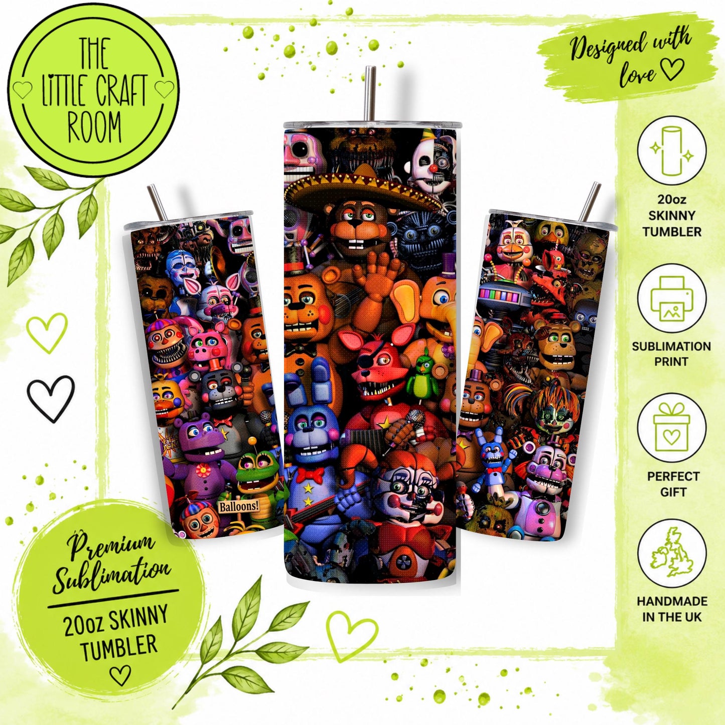 FNAF Tumbler, Five Nights at Freddy’s Gift, 20oz Skinny Travel Cup, Gamer Gift, Stainless Steel Tumbler