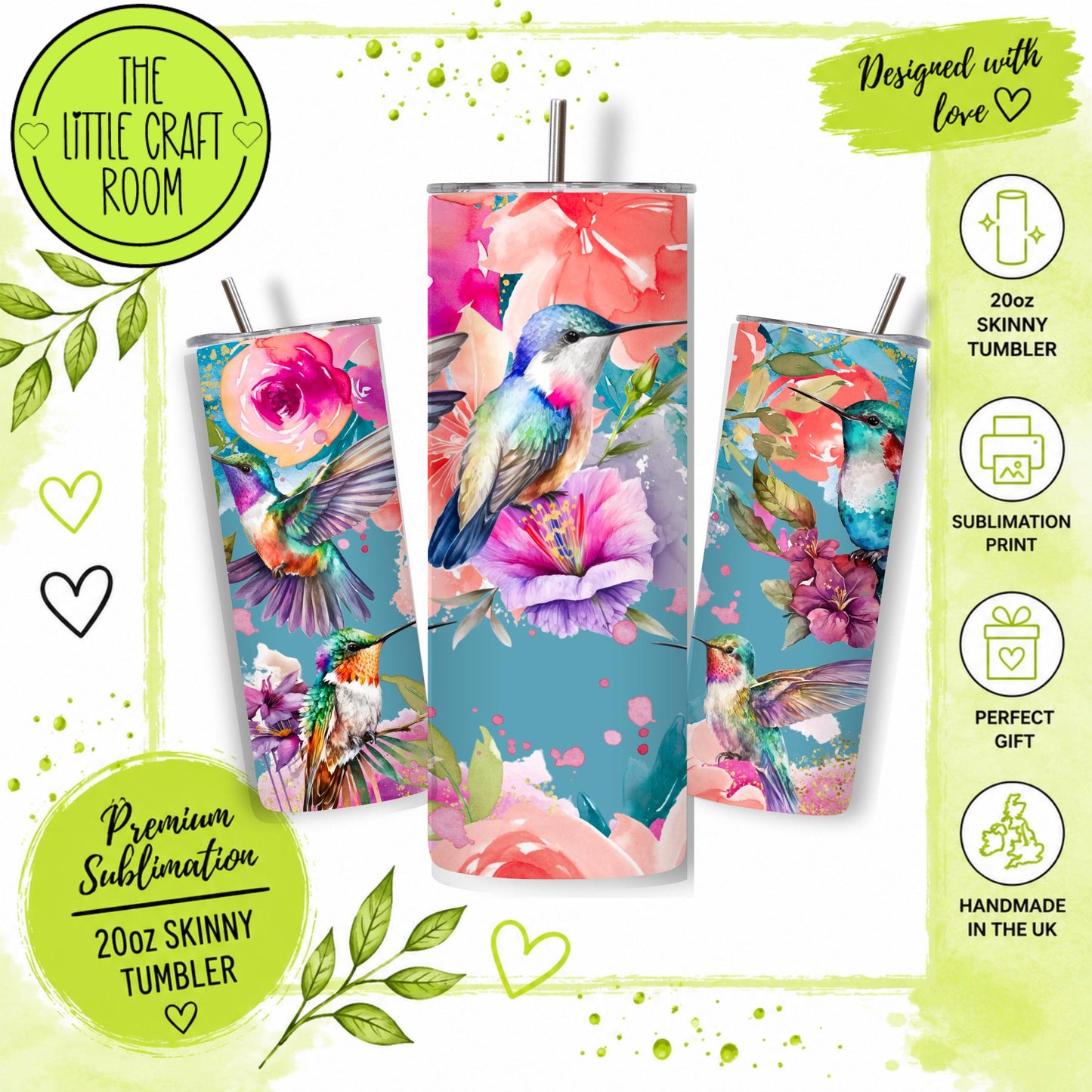 Hummingbird Tumbler, Floral Bird 20oz Skinny Travel Cup, Stainless Steel Tumbler, Nature Lover.