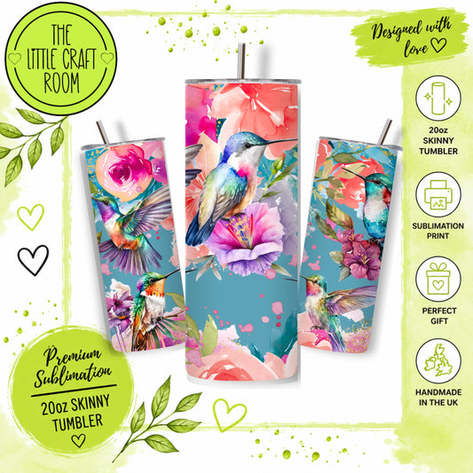 Hummingbird Tumbler, Floral Bird 20oz Skinny Travel Cup, Stainless Steel Tumbler, Nature Lover.