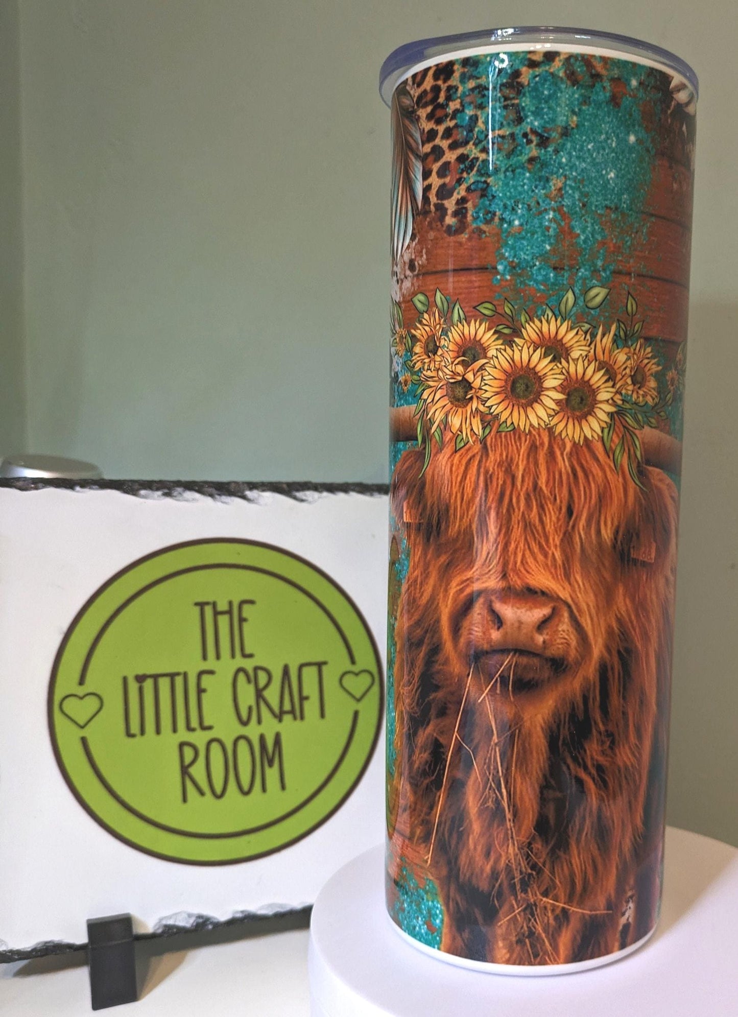 Highland Cow Sunflower Tumbler, Turquoise Leopard Print 20oz Travel Cup