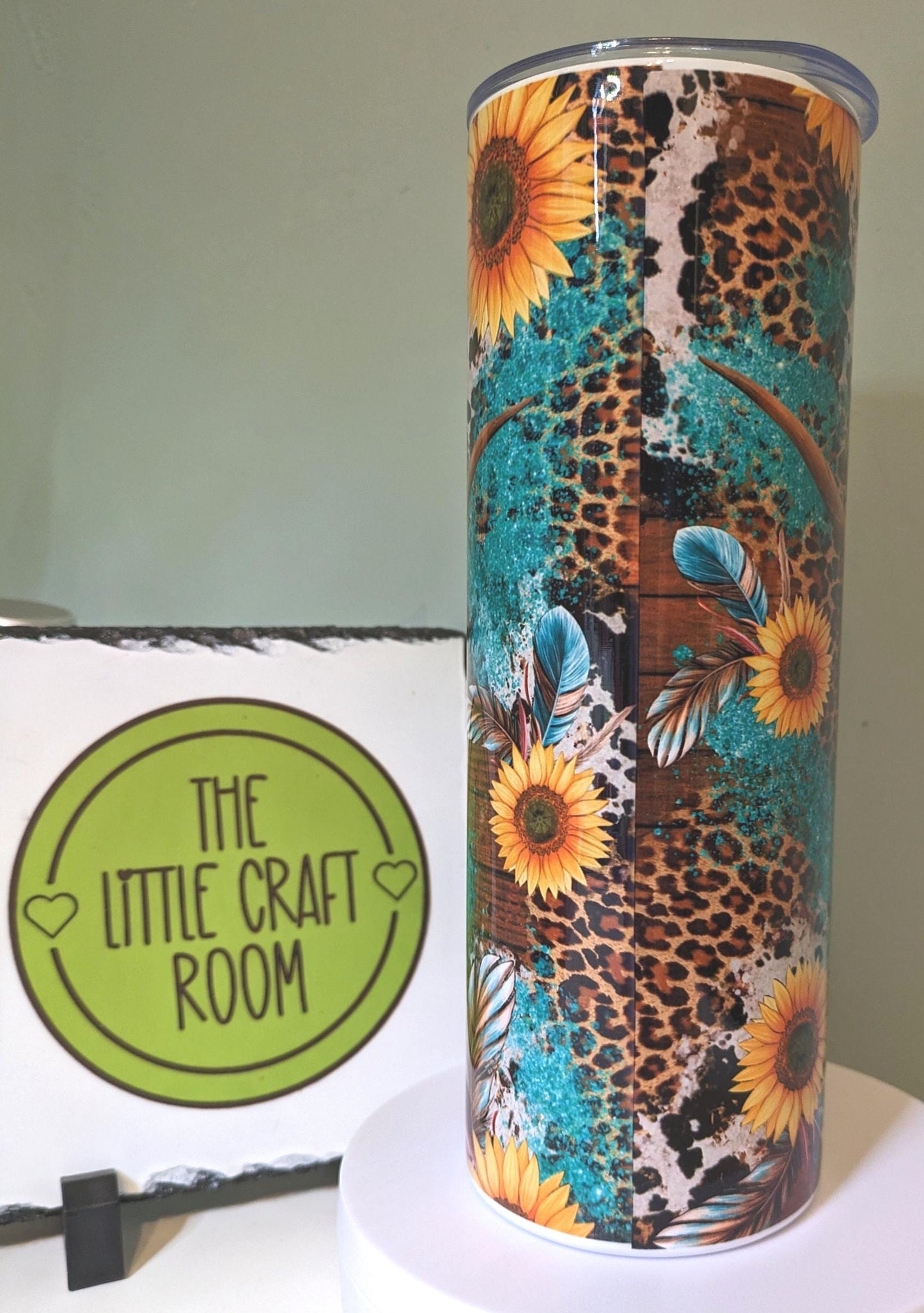 Highland Cow Sunflower Tumbler, Turquoise Leopard Print 20oz Travel Cup