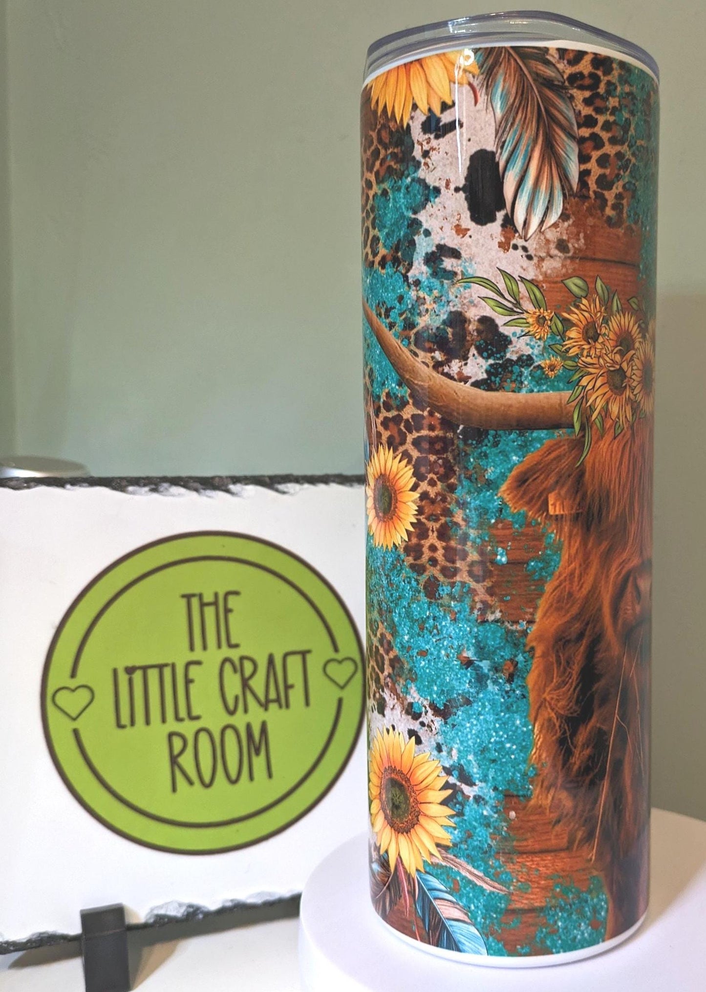 Highland Cow Sunflower Tumbler, Turquoise Leopard Print 20oz Travel Cup