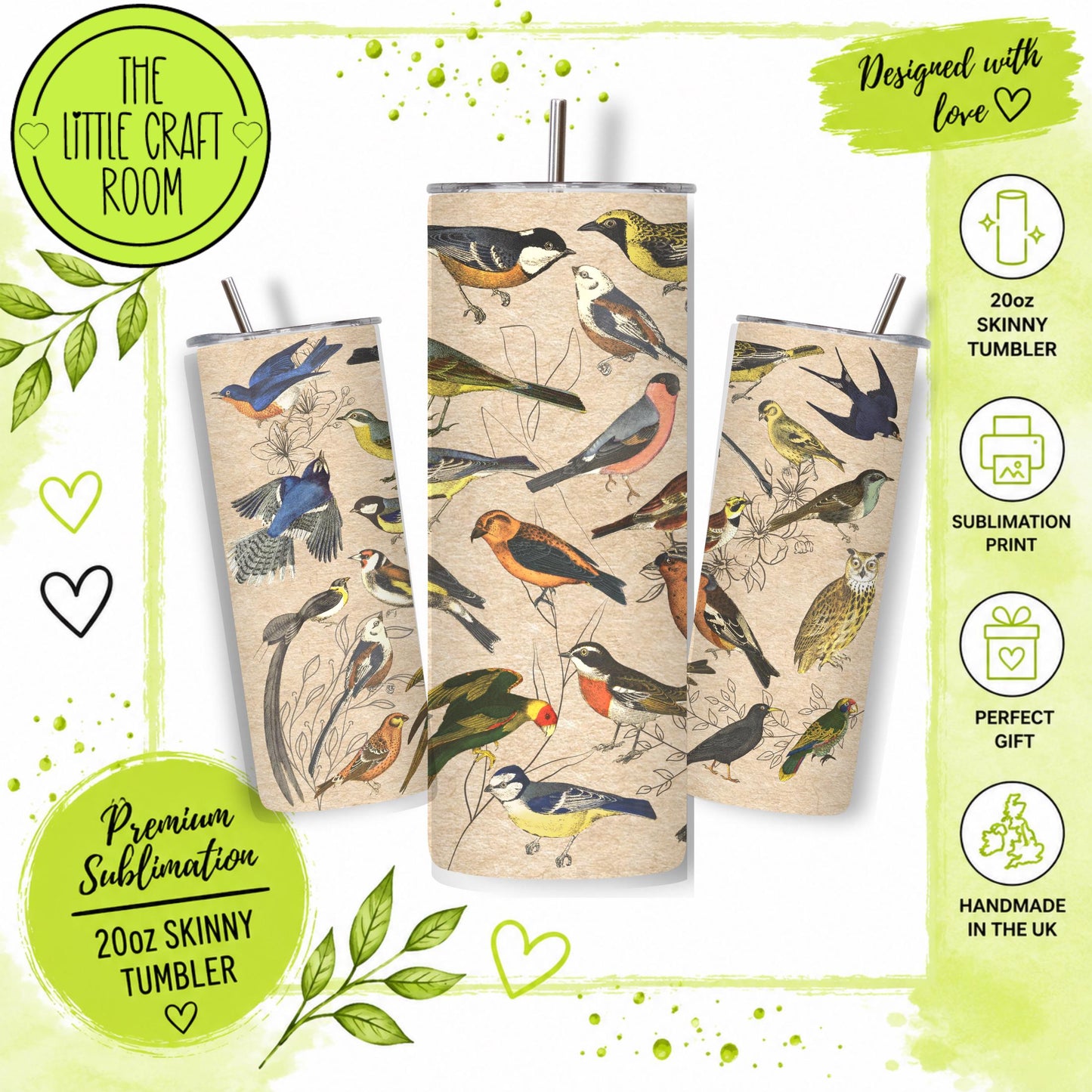 Birdwatcher Stainless Steel Tumbler, Vintage Bird Print, 20oz