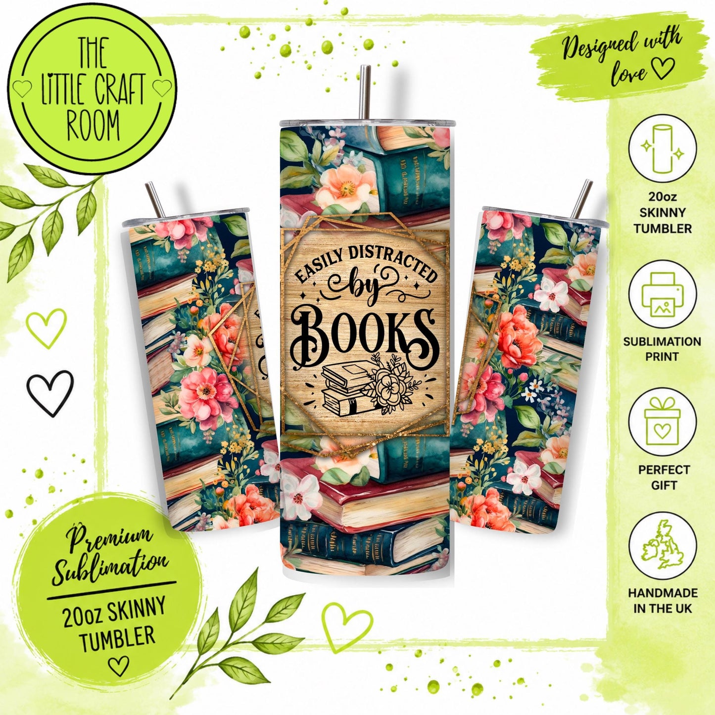 Easily Distracted by Books Tumbler, Floral 20oz Travel Cup