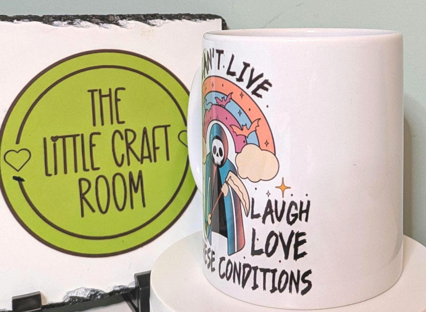 Can’t Live Laugh Love Mug, Funny Grim Reaper Goth Gift