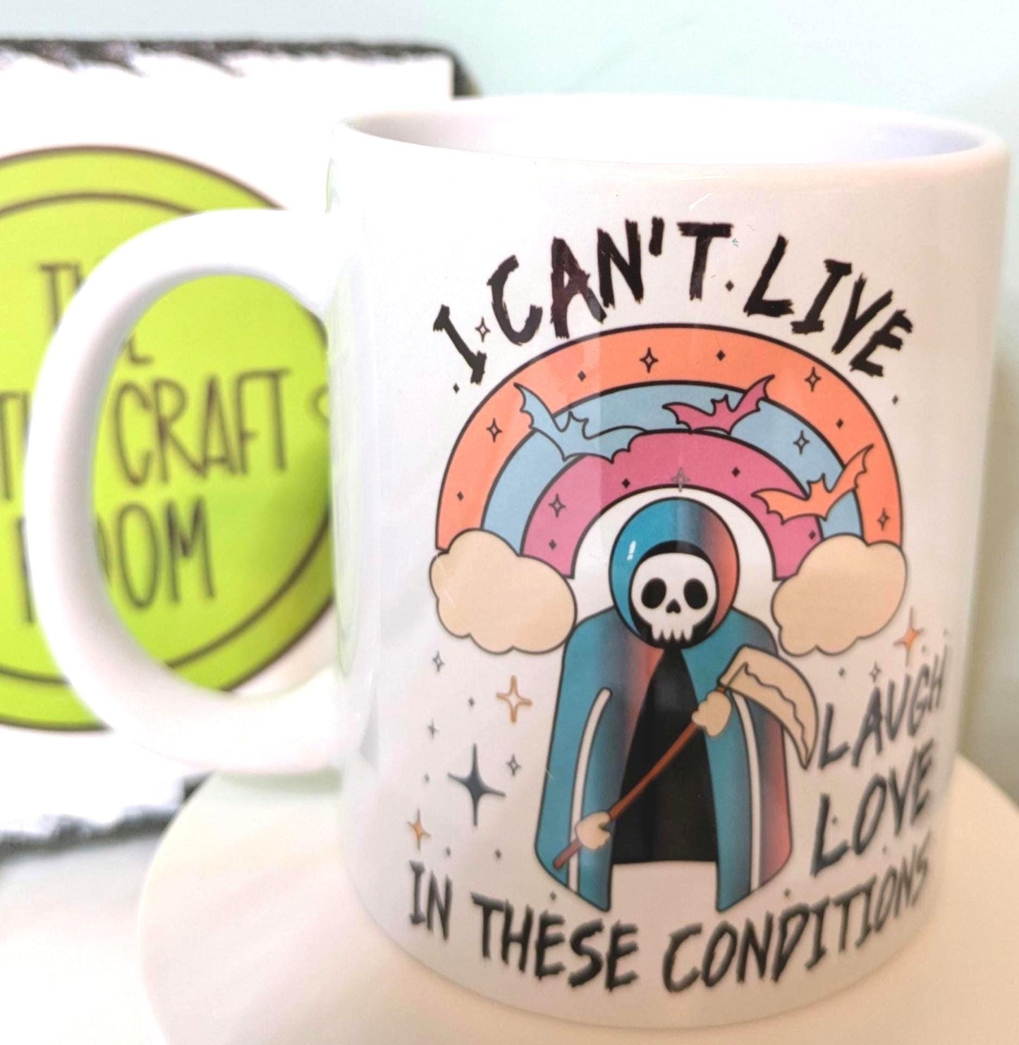 Can’t Live Laugh Love Mug, Funny Grim Reaper Goth Gift