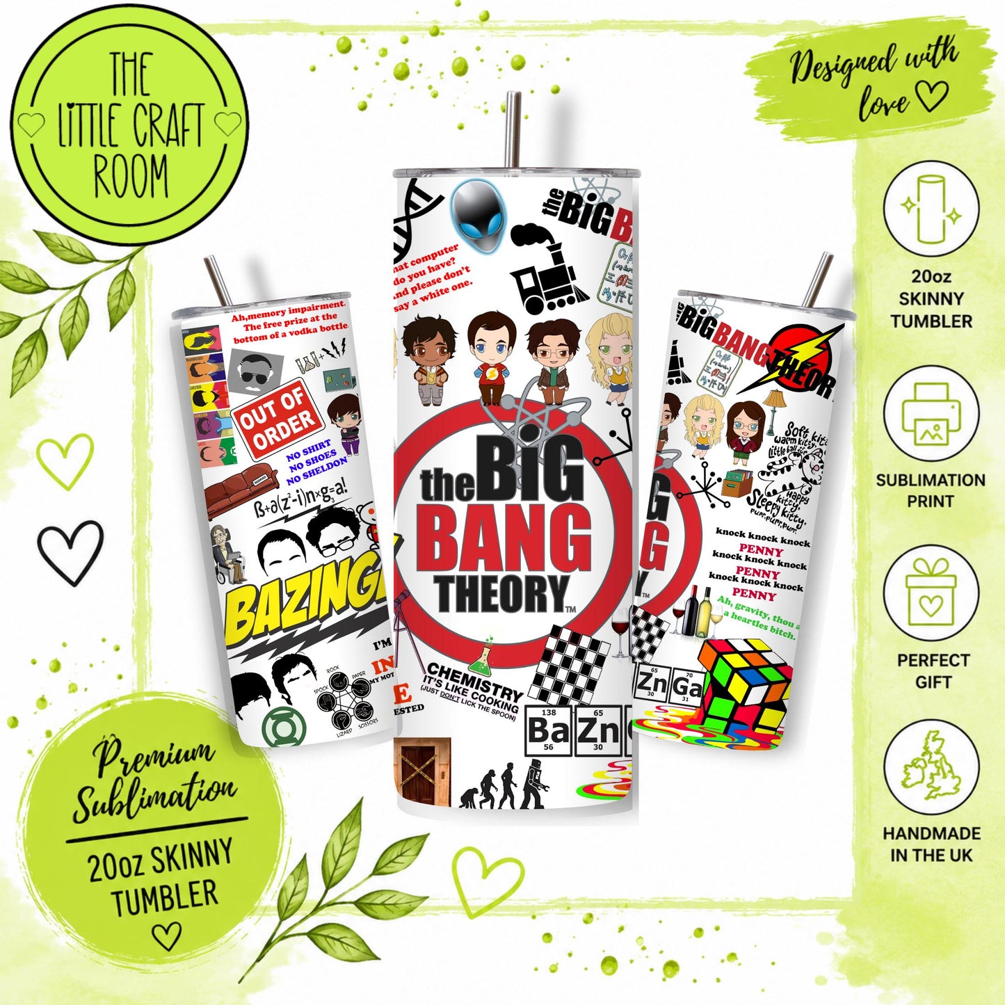 Big Bang Theory Tumbler, Sheldon Gift, 20oz Skinny Travel Cup, Science Geek Gift, Stainless Steel Tumbler with Straw