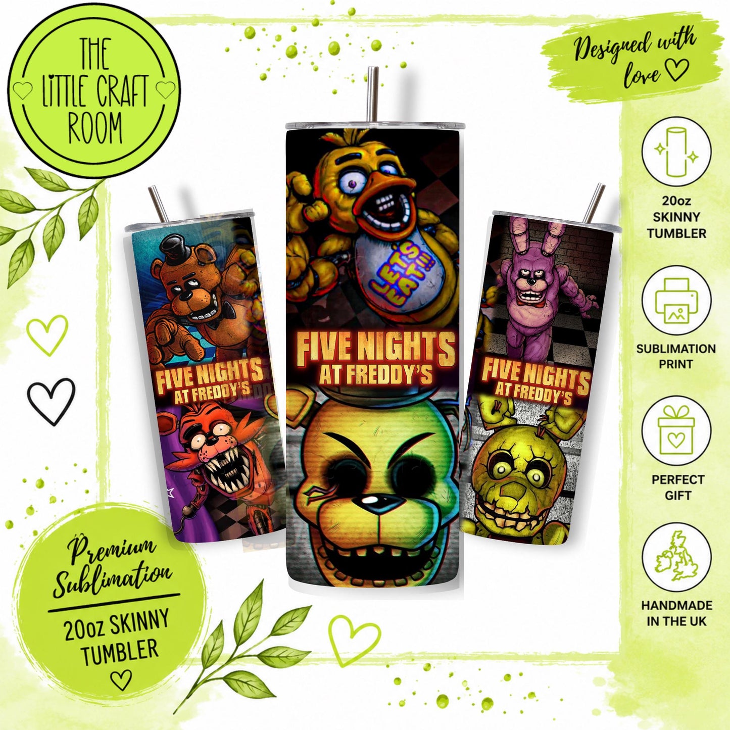 FNAF Tumbler V2, Five Nights at Freddy’s Gift, 20oz Skinny Travel Cup, Gamer Gift, Stainless Steel Tumbler