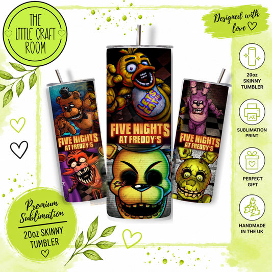 FNAF Tumbler V2, Five Nights at Freddy’s Gift, 20oz Skinny Travel Cup, Gamer Gift, Stainless Steel Tumbler